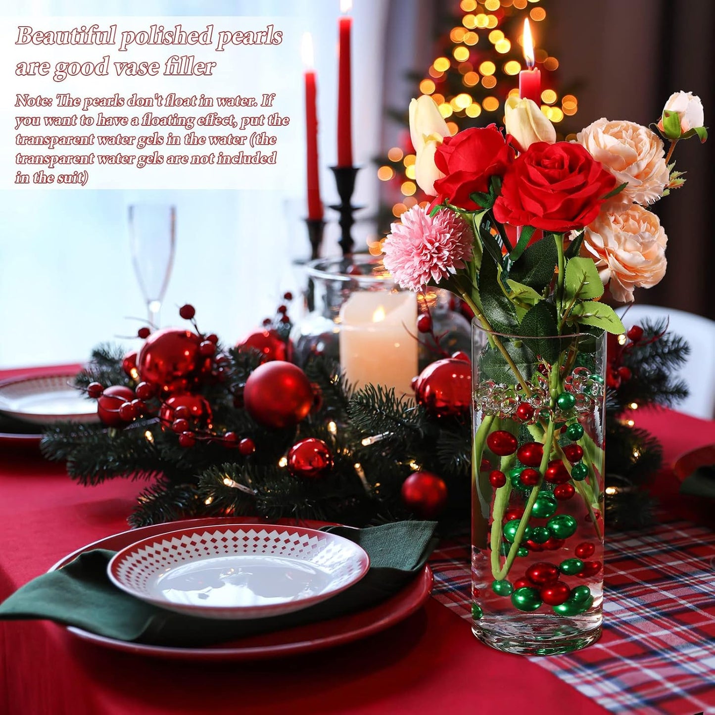 150 Pieces Vase Filler Faux Pearls Vase Makeup Beads No Hole Gloss Bead Mixed Sizes Round Pearl for Home Party Wedding Decor, 8/14/20 mm(Red, Green)