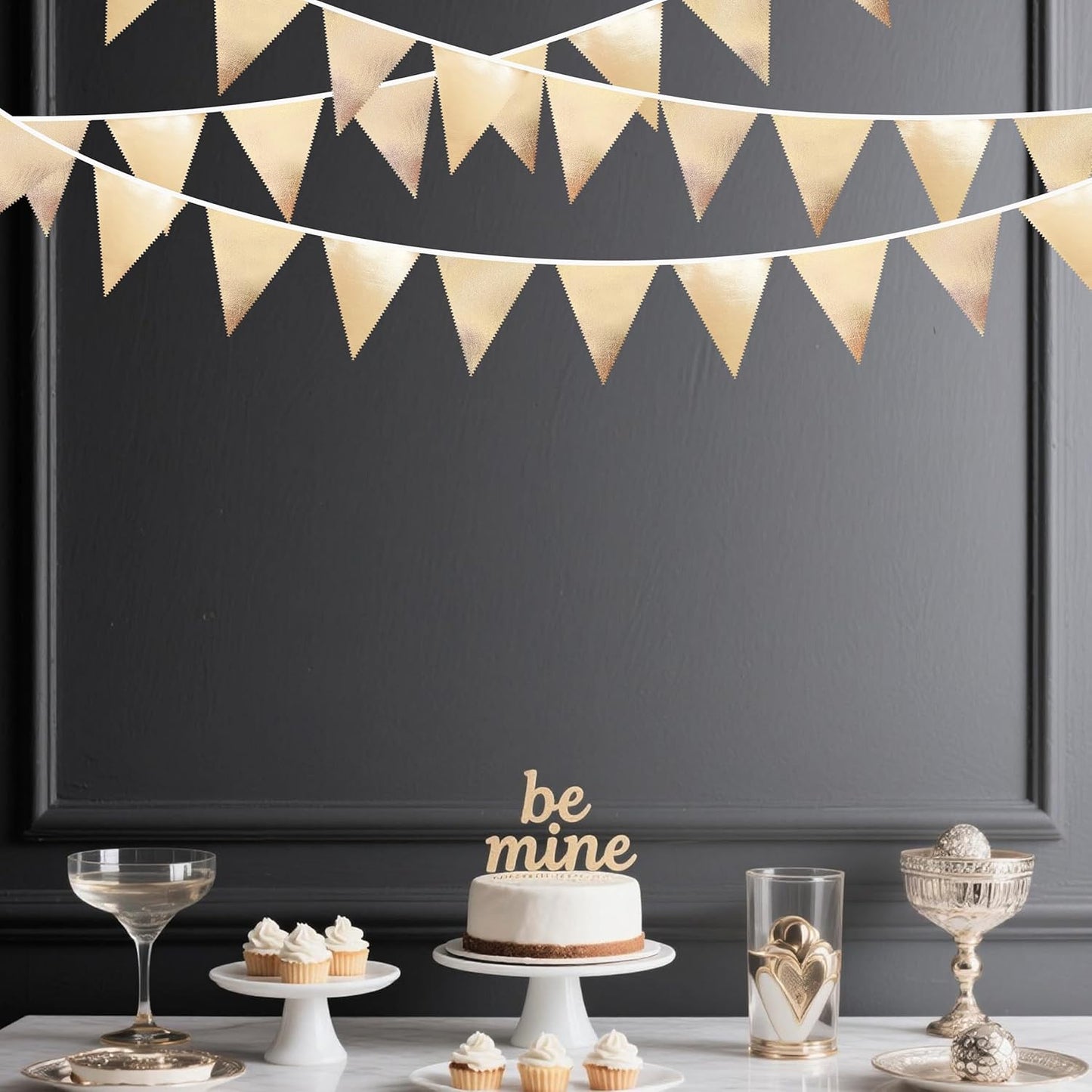 Champagne Gold Party Decoration Metallic Fabric Triangle Pennant Banner Flag Bunting Garland for Birthday Engagement Bridal Shower Wedding Anniversary Graduation Bachelorette Party Decoration Supplies
