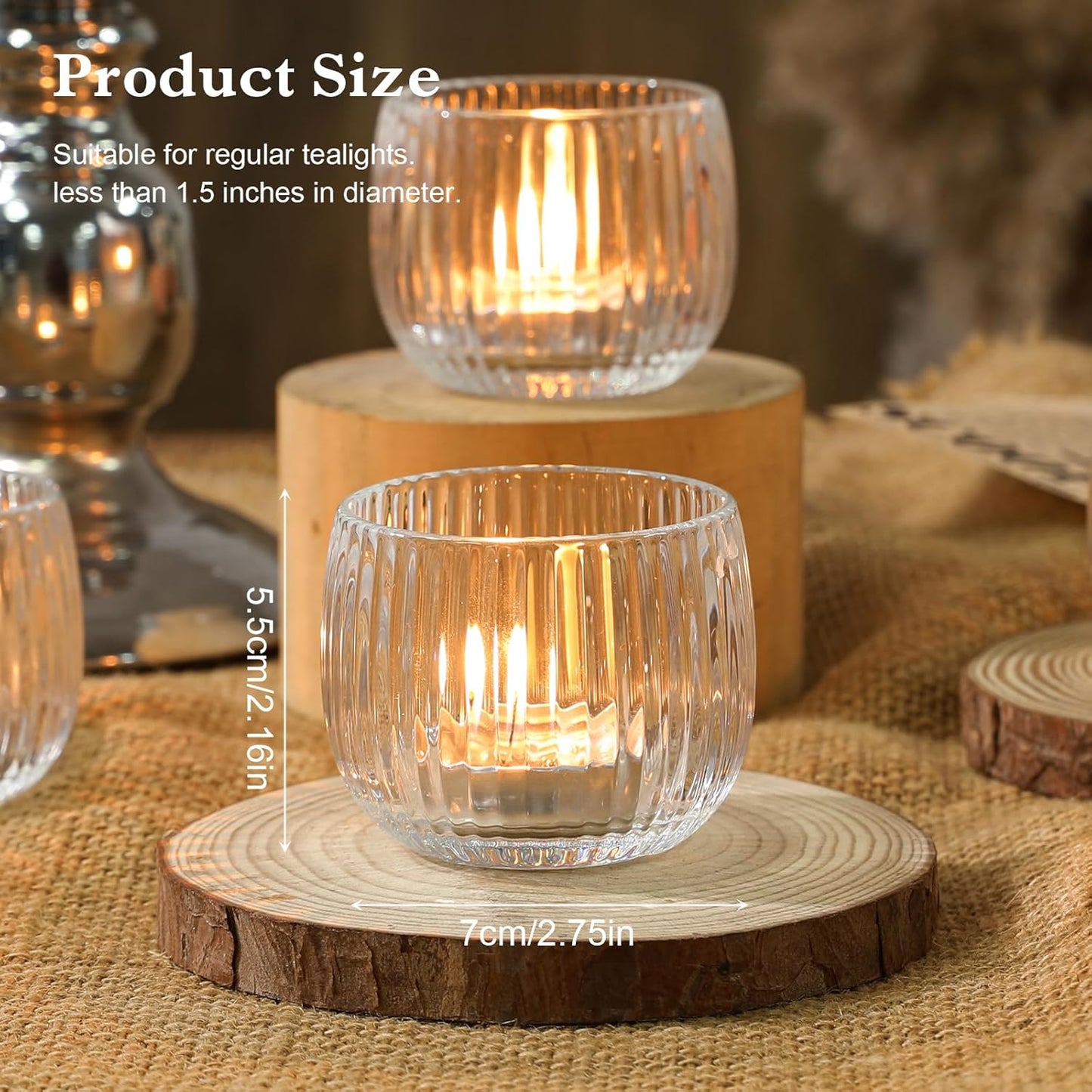 Set of 6 Ribbed Glass Votive Candle Holders, Clear Glass Tealight Holders for Taper Candles - Elegant Table Centerpieces for Weddings, Christmas, Parties, and Home Decor