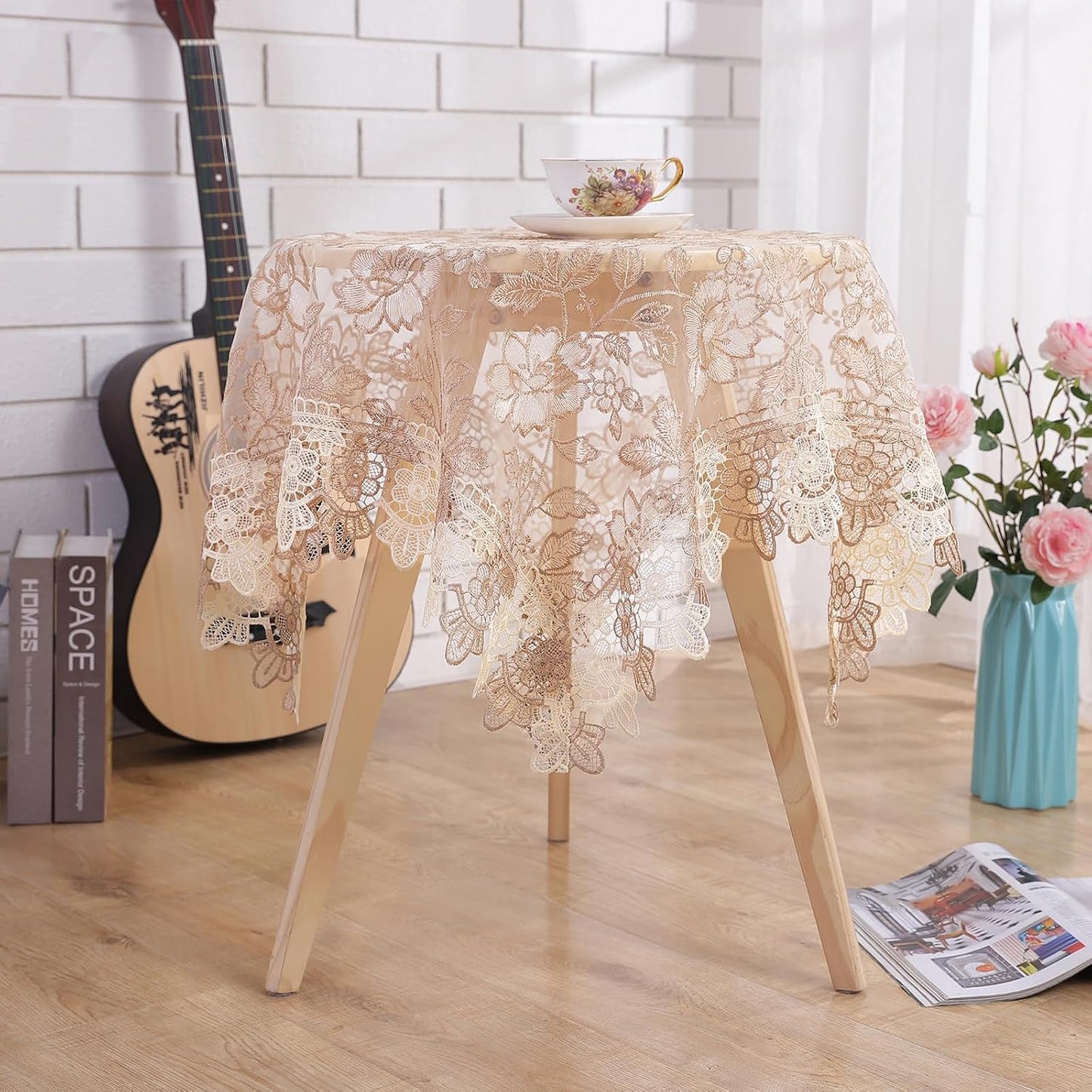 Round Embroidered Lace Tablecloth Vintage Decorative Exquisite Border Table Cover for Party Wedding Home Decorations, Round-70, Beige