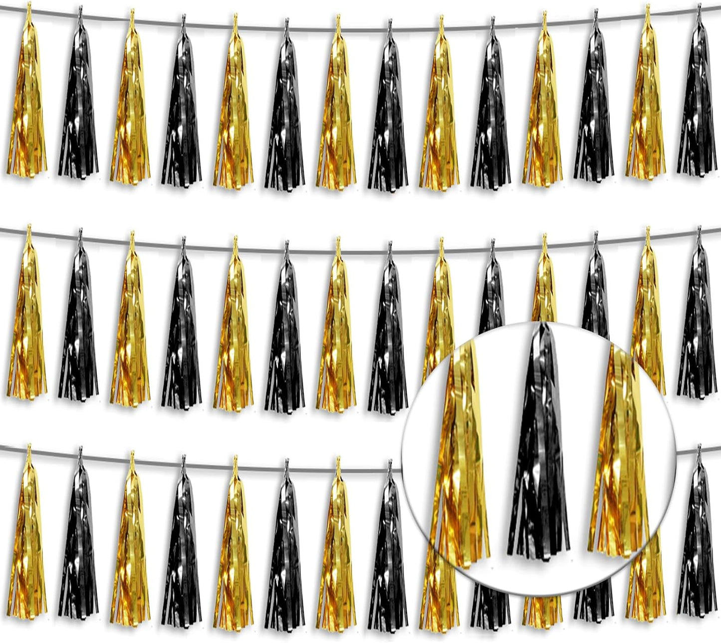 3P Metallic Fringe Tassel Banner Garland Foil Tinsel Streamer Wall Hanging Curtain Backdrop Banner for Parade Floats,Graduation Decorations, Father's Day,New Years Party Decoration(Black Gold)