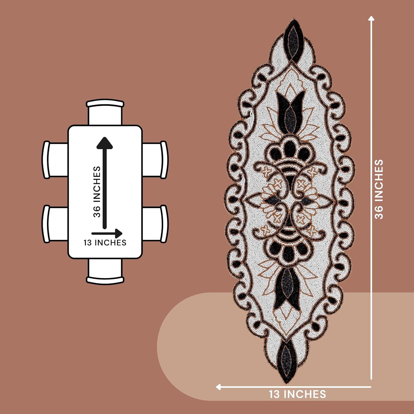 36" Decorative Beaded Table Runner - Handcrafted Floral Design with Durable Polyester Backing for Dining, Coffee Table & Special Occasions (Black White Brown) - CLEENTABLE