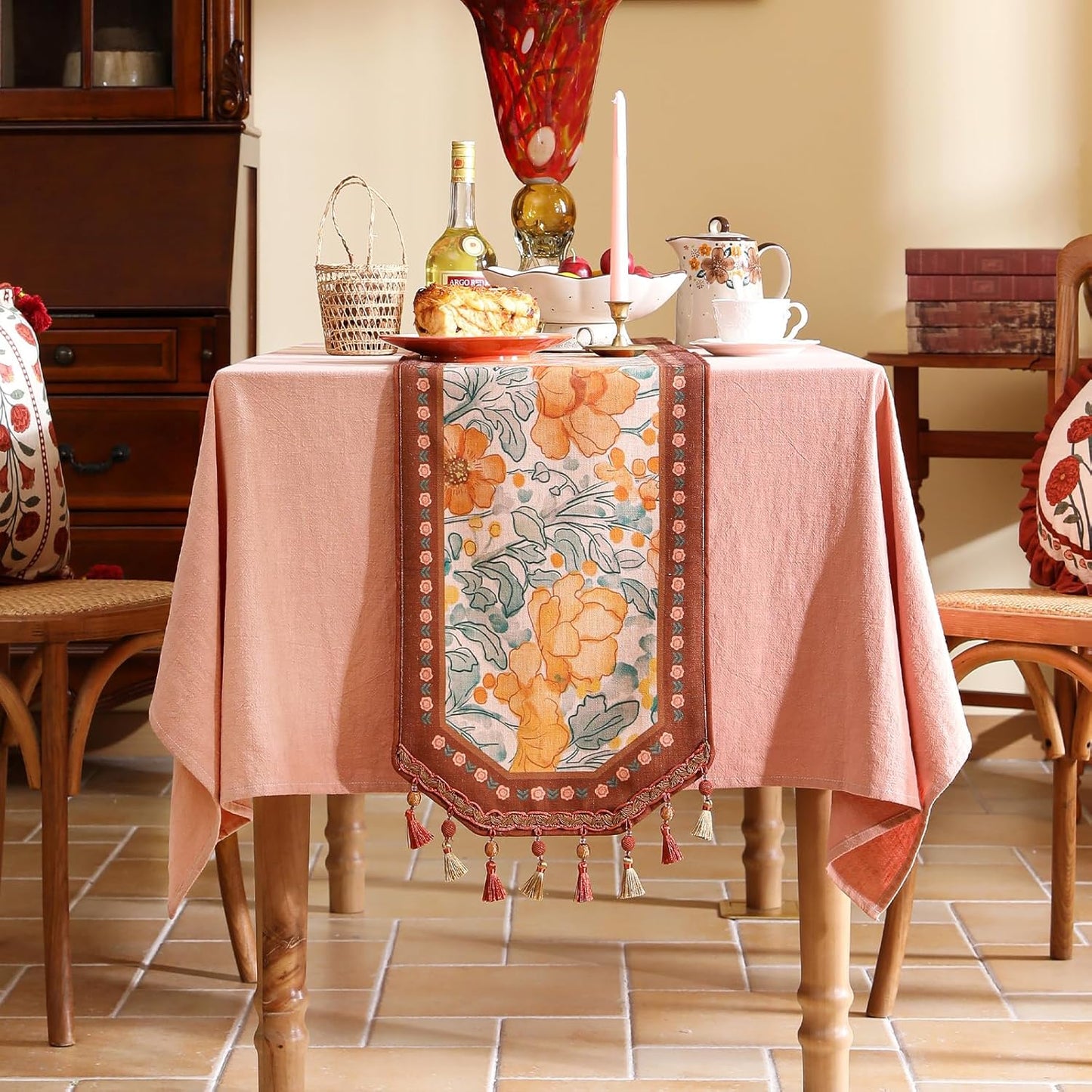 Designer Vintage Floral Printed Table Runner,French Soft Linen Farmhouse Table Runners 87 Inches Long,Italian Decor Tabletop for Kitchen,Dining,Party,Home,Christmas,12"*87"