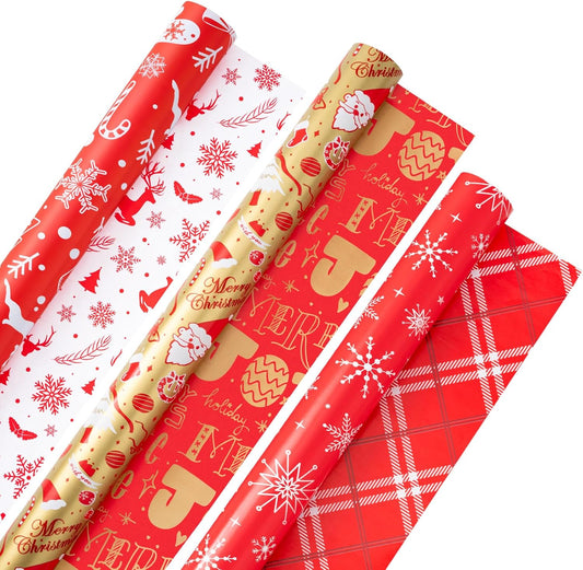 Christmas Gift Wrapping Paper Rolls,3 Rolls 17inches x 198inches Reversible Gift Wrapping Paper, Red Gold White Wrapping Paper, Snowflakes, Stripes, Plaid, Santa hat, Christmas decorations