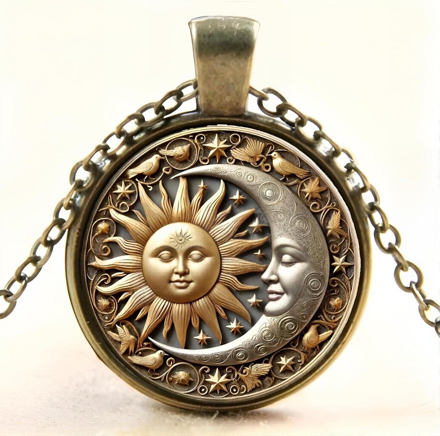 1pc Stunning Round Pendant Necklace - Unique Sun & Moon Pattern, Oil Painting Style Glass Mosaic, Alloy Construction, Trendy Sweater Chain, Fashionable Gift for Women - Christmas or Birthday Gift