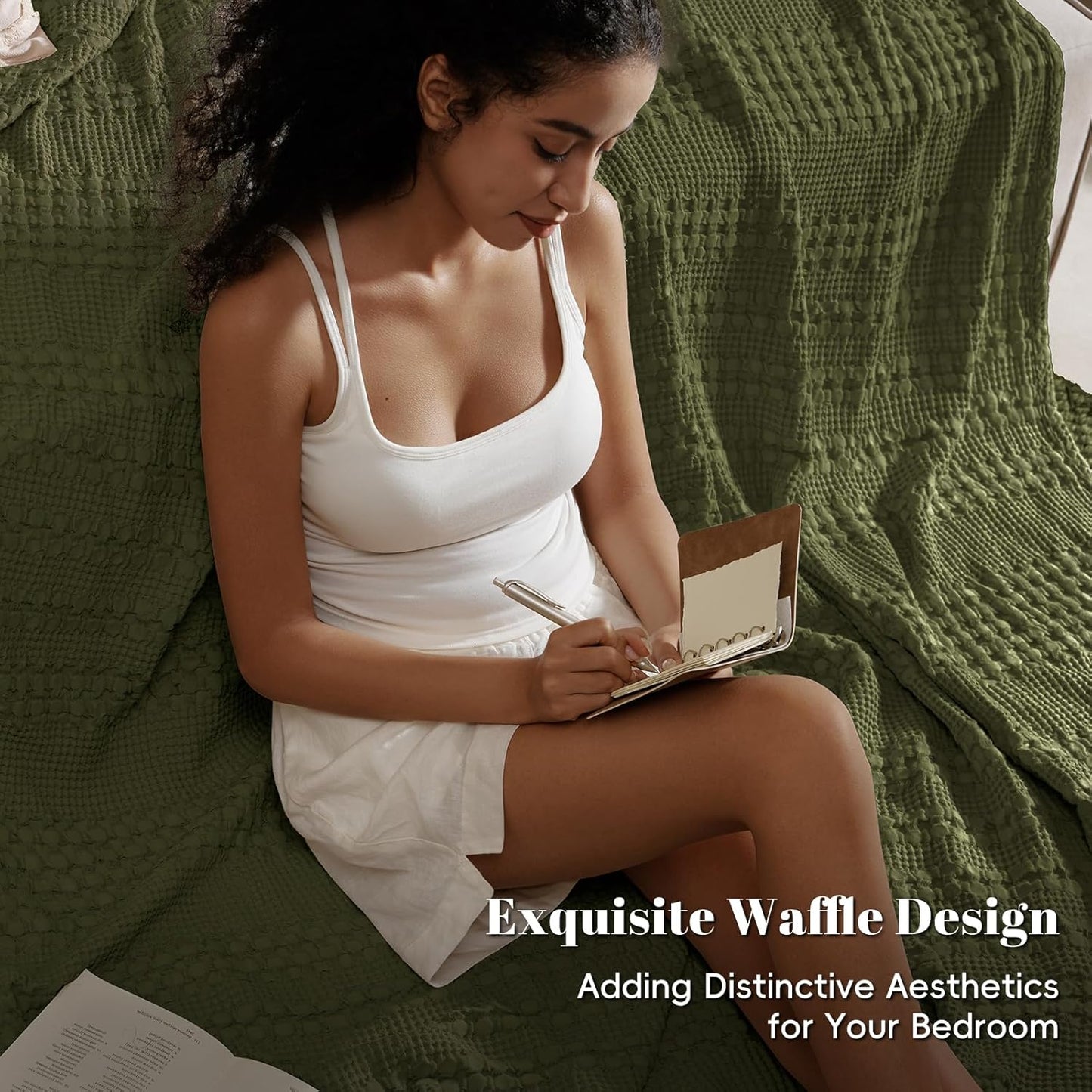 PHF 100% Cotton Waffle Weave Blanket Twin Size for Bed, Soft Lightweight & Breathable, All-Season Comfort, Luxury Aesthetic Woven Bedding for Home Decor, 66"x90", Capulet Olive