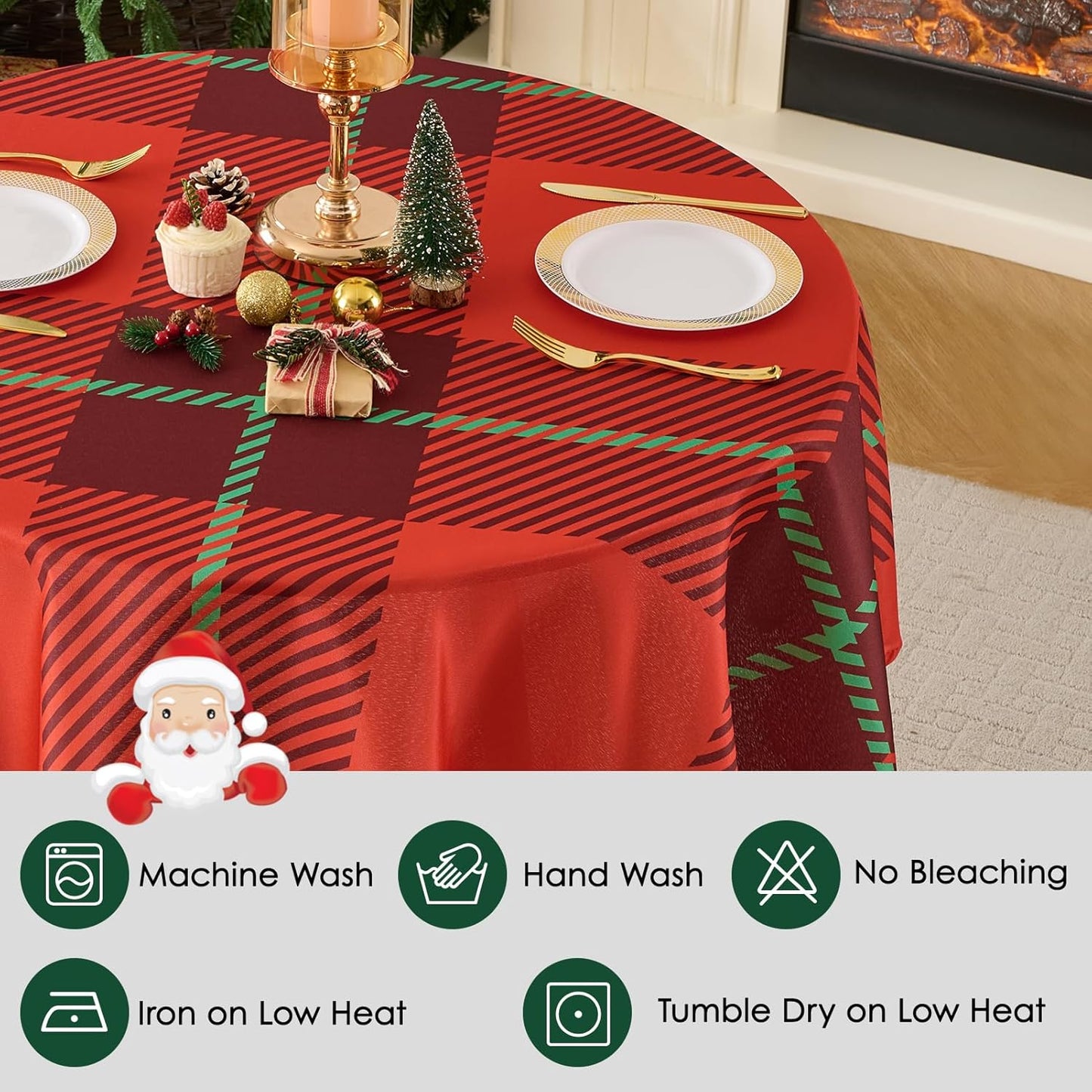 Christmas Tablecloth Round 60 Inch Waterproof, Machine Washable Checkered Polyester Table Cover for Xmas Party, Winter Holiday Home Decoration in Festive Checkered Red 1pack