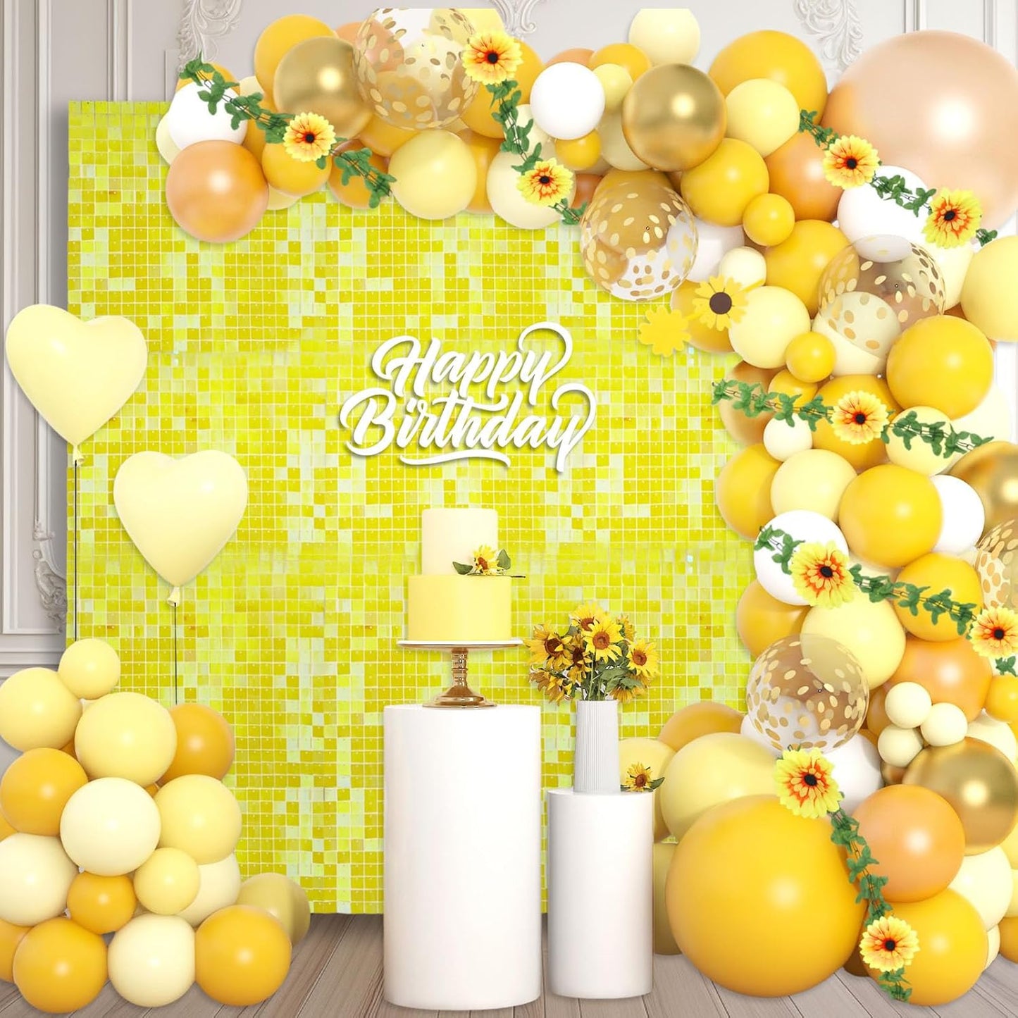 12PCS Colorful Yellow Shimmer Wall Backdrop, Square Sequin Photo Backdrops Panel, Glitter Wall Background for Birthdays, Weddings, Christmas, Engagements, Disco Bachelorette Party Decor (3FTx4FT)