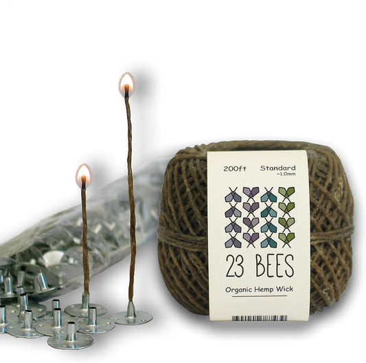 100% Organic Hemp Candle Wick 1.0mm Standard + Wick Sustainer Tabs 200pcs for Candle Making, 23 Bees, European Imported Hemp Spool 200ft with Natural Beeswax Coating