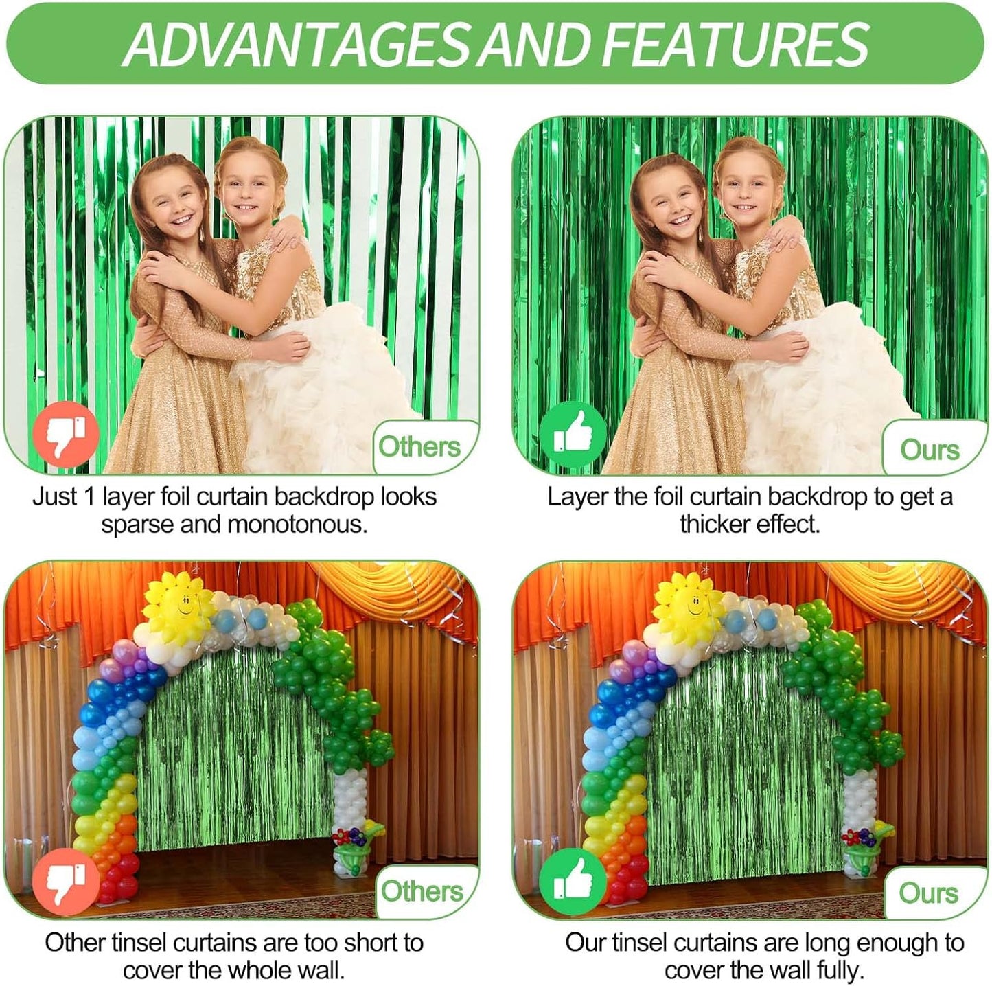 Crosize 7 Pack 3.3 x 9.9 ft Green Foil Fringe Curtains Party Decorations, Red Tinsel Curtain Backdrop for Parties, Door Streamers, Glitter Streamer Backdrop for Birthday Decoration