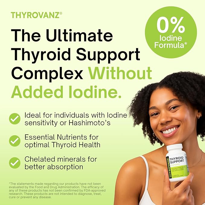 Thyroid Support Complex (60 Capsules) Thyroid Support for Women & Men, 0% Iodine, Boosts Mood & Energy, Fights Brain Fog & Stress, Includes B Vitamins, Non-GMO, Made in USA - cGMP Certified