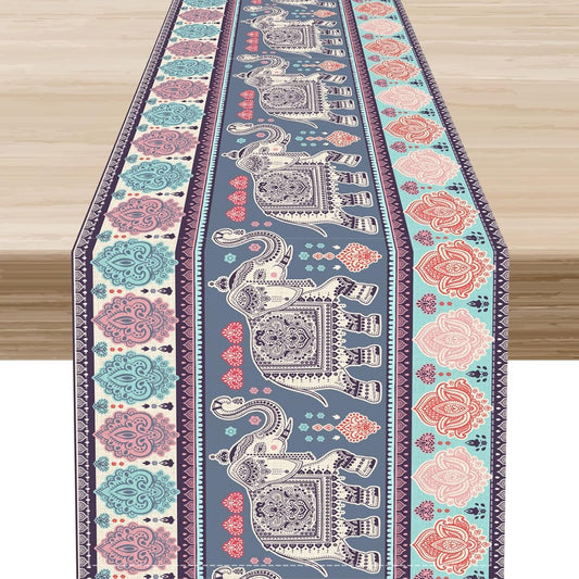 Boho Table Runner, Indian Bohemian Elephant Mandala Paisley Floral Hippie Art Print Table Center Decor for Home Kitchen Dining Patio Holiday Party Indoor Outdoor Table Decorations, 13"x36" Inch