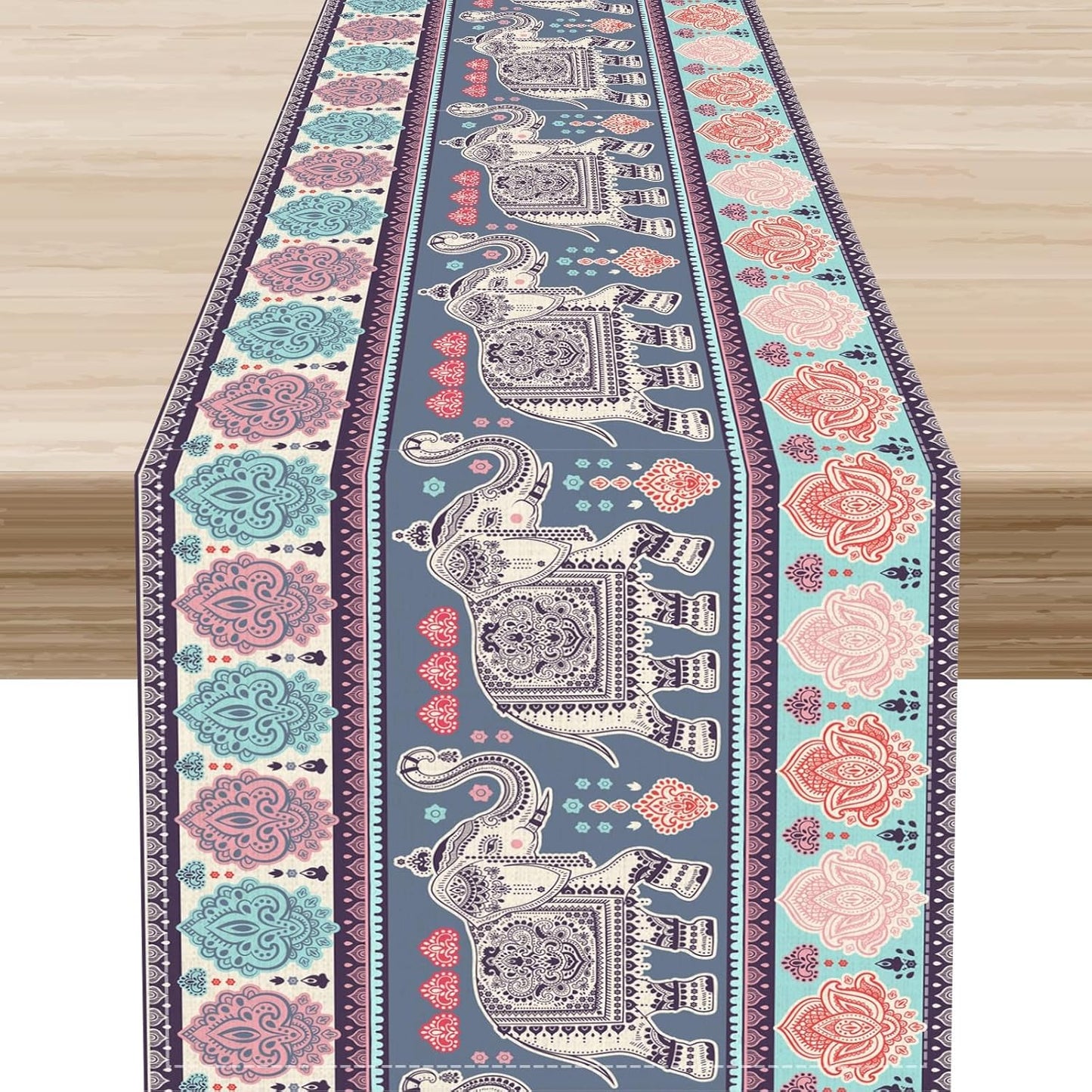 Boho Table Runner, Indian Bohemian Elephant Mandala Paisley Floral Hippie Art Print Table Center Decor for Home Kitchen Dining Patio Holiday Party Indoor Outdoor Table Decorations, 13"x90" Inch