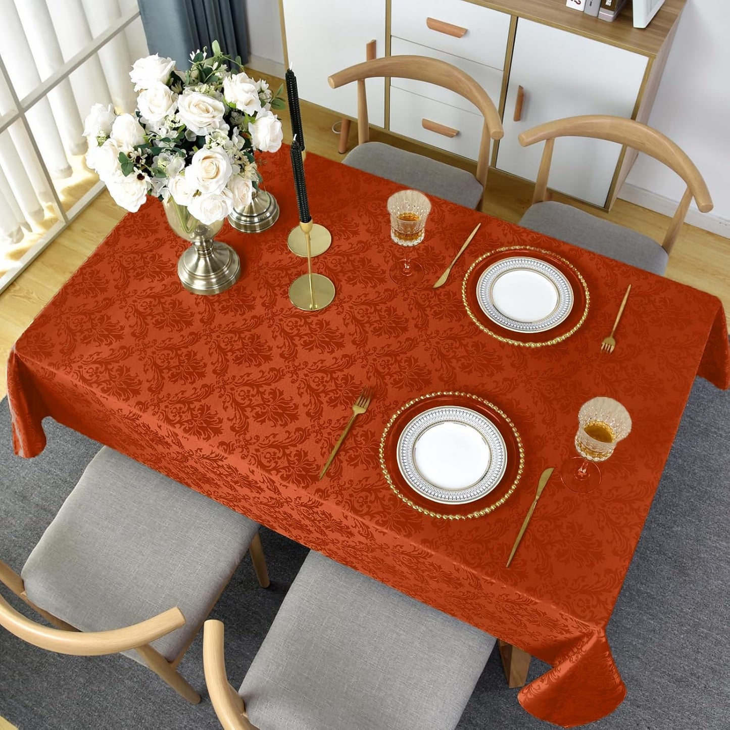 SASTYBALE Jacquard Rectangle Tablecloth, Rusty Spill-Proof Wrinkle Resistant Damask Table Cloth, Soft Polyester Oblong Table Cover for Kitchen Parties Thanksgiving - 52x 70 Inch Rust