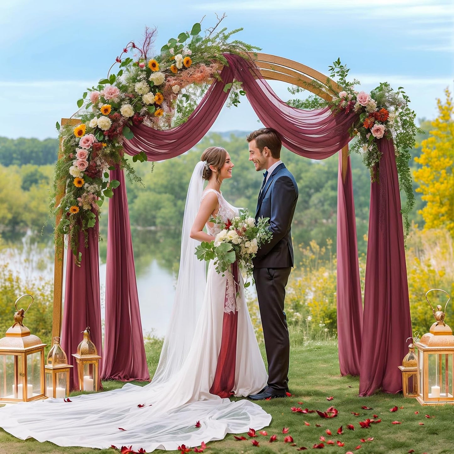 2 Panels Wedding Arch Draping Fabric Burgundy Sheer Backdrop Curtain Arch Drape for Wedding Ceremony Reception,Bridal Shower Party Decorations 28" X 19ft