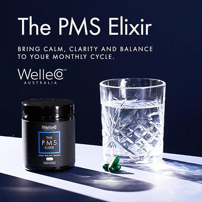 WelleCo The PMS Elixir Premenstrual Support Supplement for Women, Magnesium and Ashwagandha Capsules with Iron, Iodine, Broccoli Sprouts, Vitex, Chromium & B Vitamins, Vegan & Gluten Free, 60 Capsules