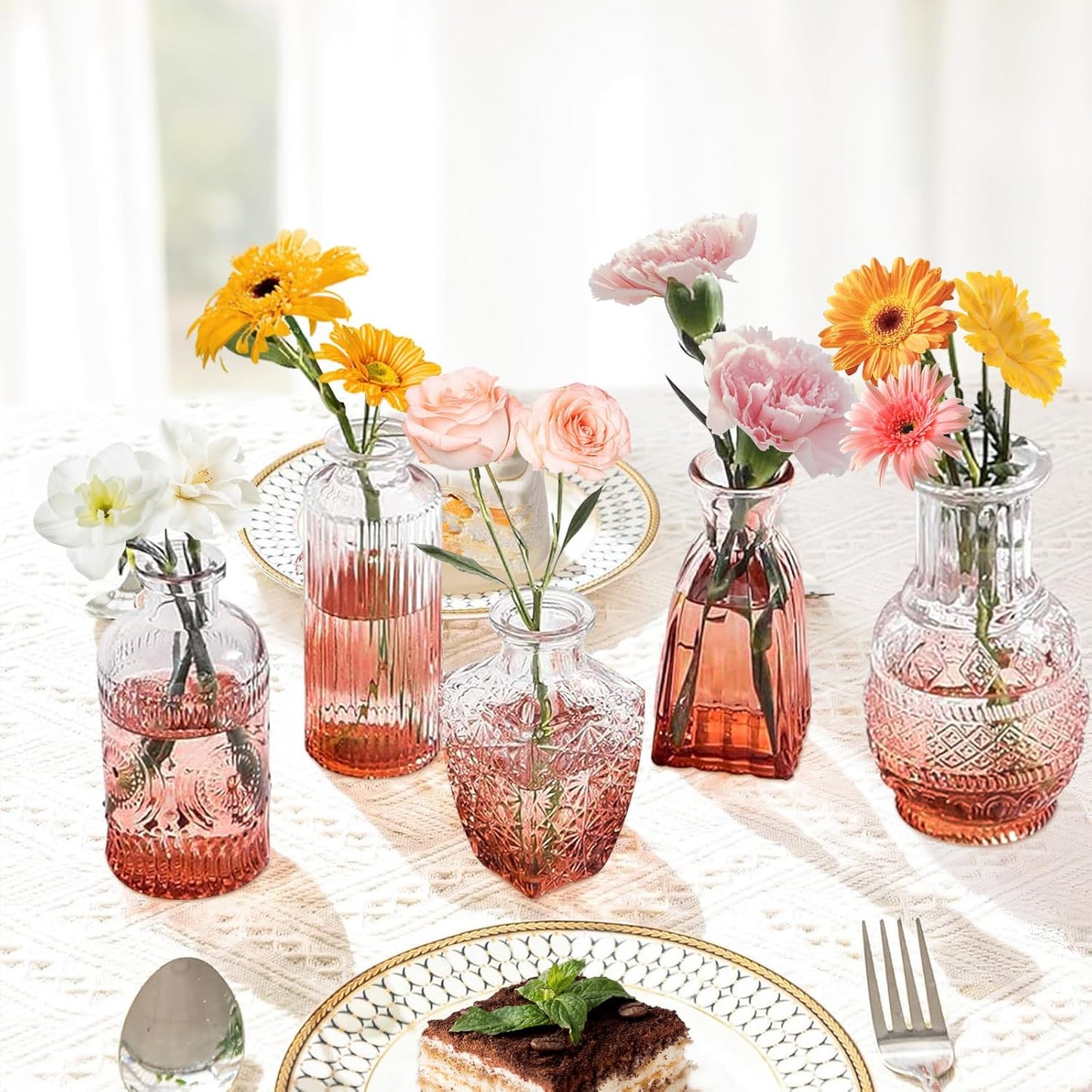 Amber Glass Bud Vase Set,20Pcs Small Glass Vase for Flowers, Clear Bud Set in Bulk,Mini Single Vintage Design for Centerpiece Rustic Wedding Decorations Home Table Flower Décor