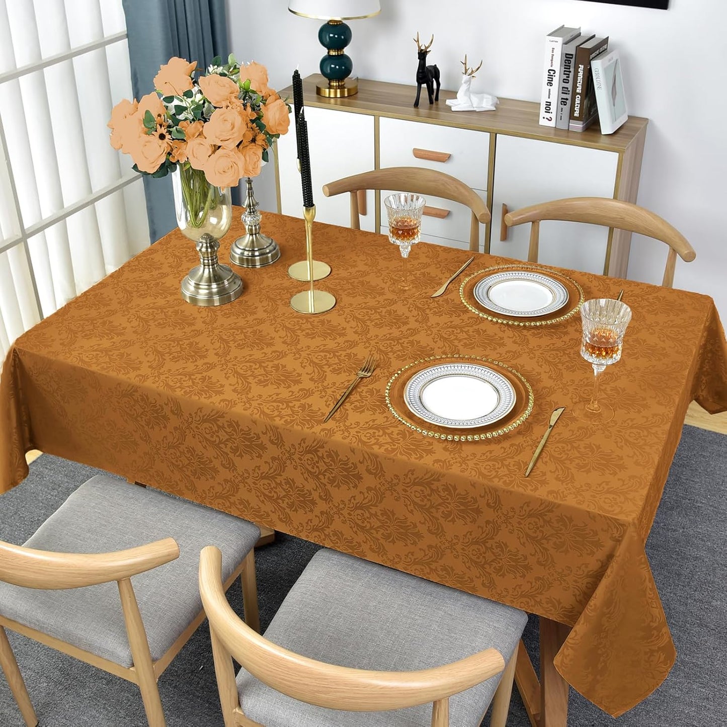 Rectangle Table Cloth - 60 x 120 Inch Brown Jacquard Tablecloths Damask Design Spillproof Wrinkle Resistant Shrinkproof Soft Tablecloth Polyester Oblong Table Cover for Kitchen Dinning Party Tabletop