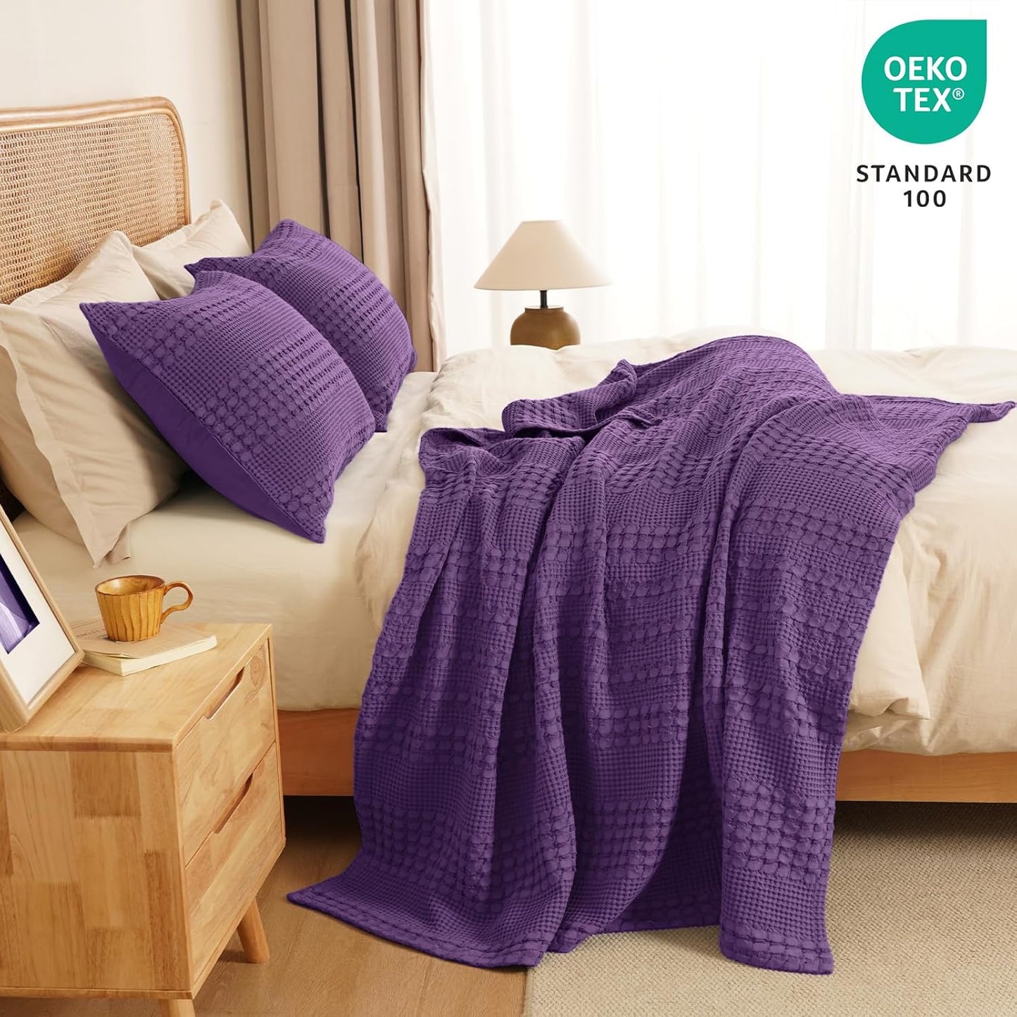 PHF 100% Cotton Waffle Weave Throw Blanket, Soft Lightweight Breathable Cozy Throws for Couch Bed Sofa, Luxury Aesthetic Woven Blanket for Home Decor & Office, 50"x60", Grape