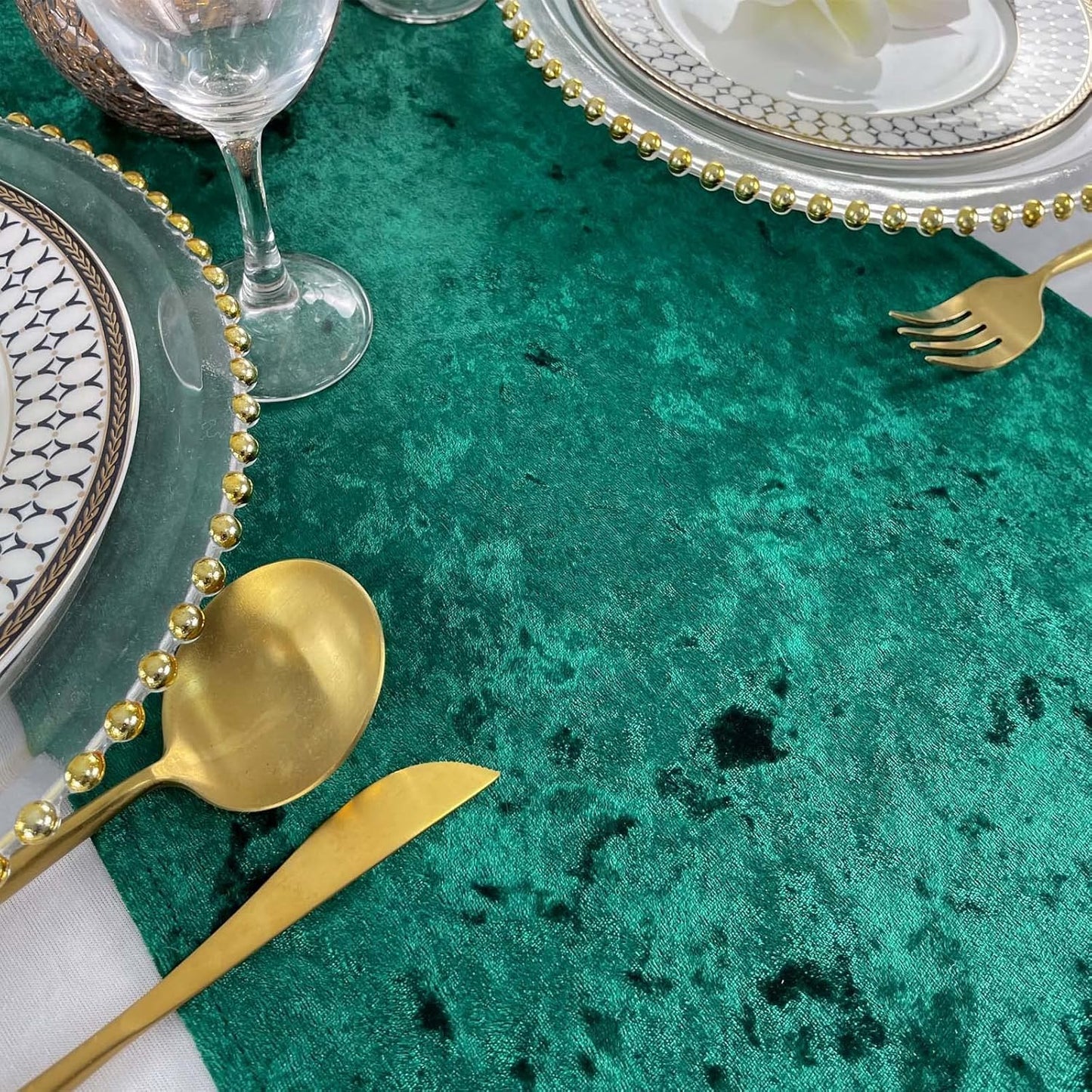 Luxurious Crushed Velvet Table Runner, Wedding Reception Decorations, Soft Velvet Fabric, Table Linen Overlay, Wedding Table Runners (Emerald Green, 12X108 inch)