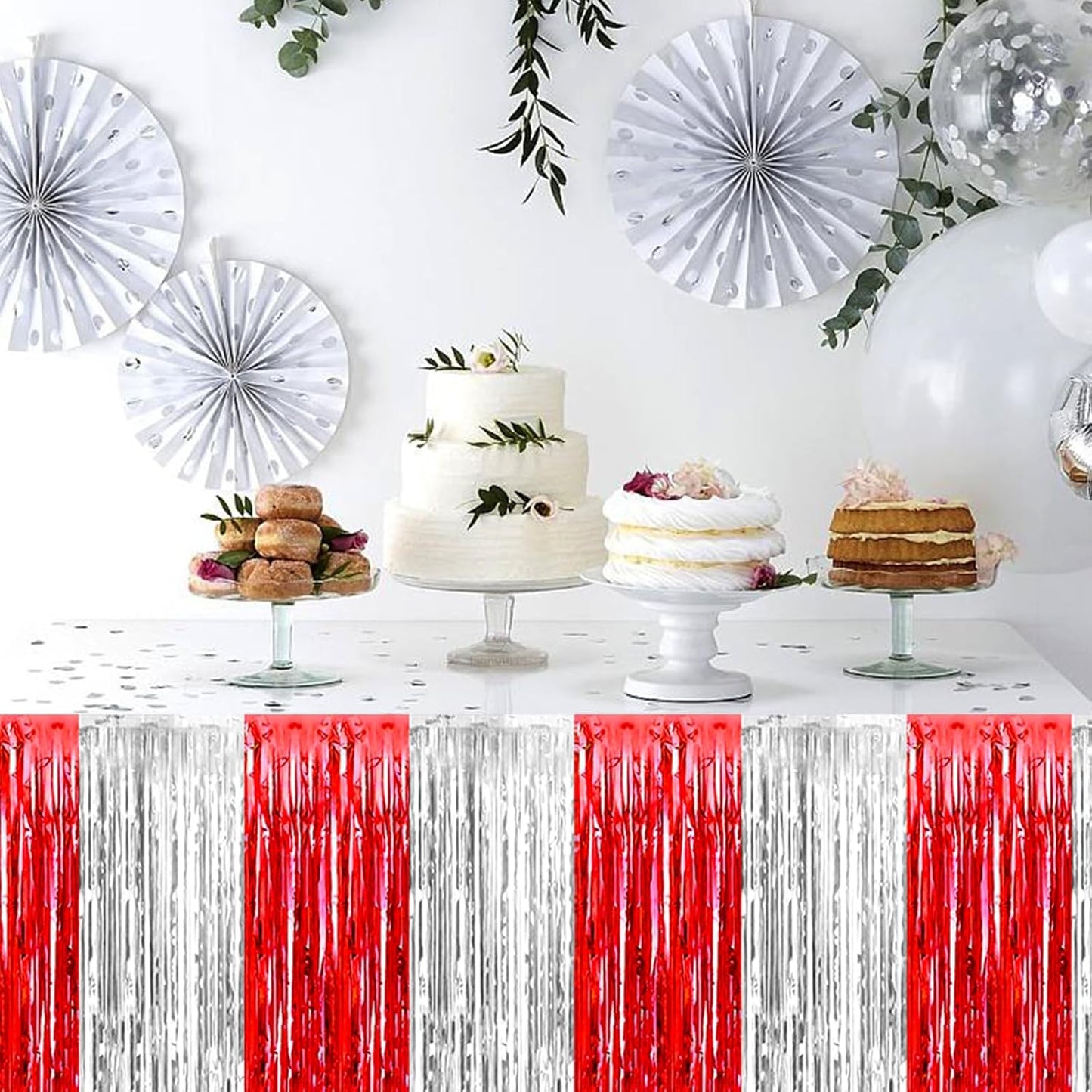 3 Pack 29 x108 Inch Red Silver Foil Fringe Table Skirts Metallic Banner for Tinsel Streamer Garland Backdrop for Parade Floats Wedding Thanksgiving Birthday Christmas New Year Party Decoration