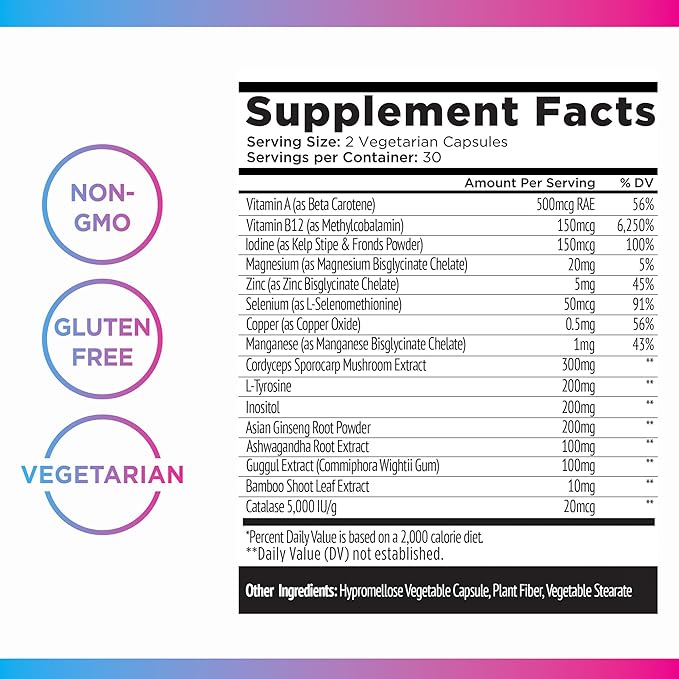 Livingood Daily Thyroid Support Supplement, 16-in-1 Wellness Blend with Adaptogenic Herbs, Iodine, Magnesium and Selenium, Thyroid Support for Women & Men, Vegetarian Capsules, Gluten Free, 60 Count