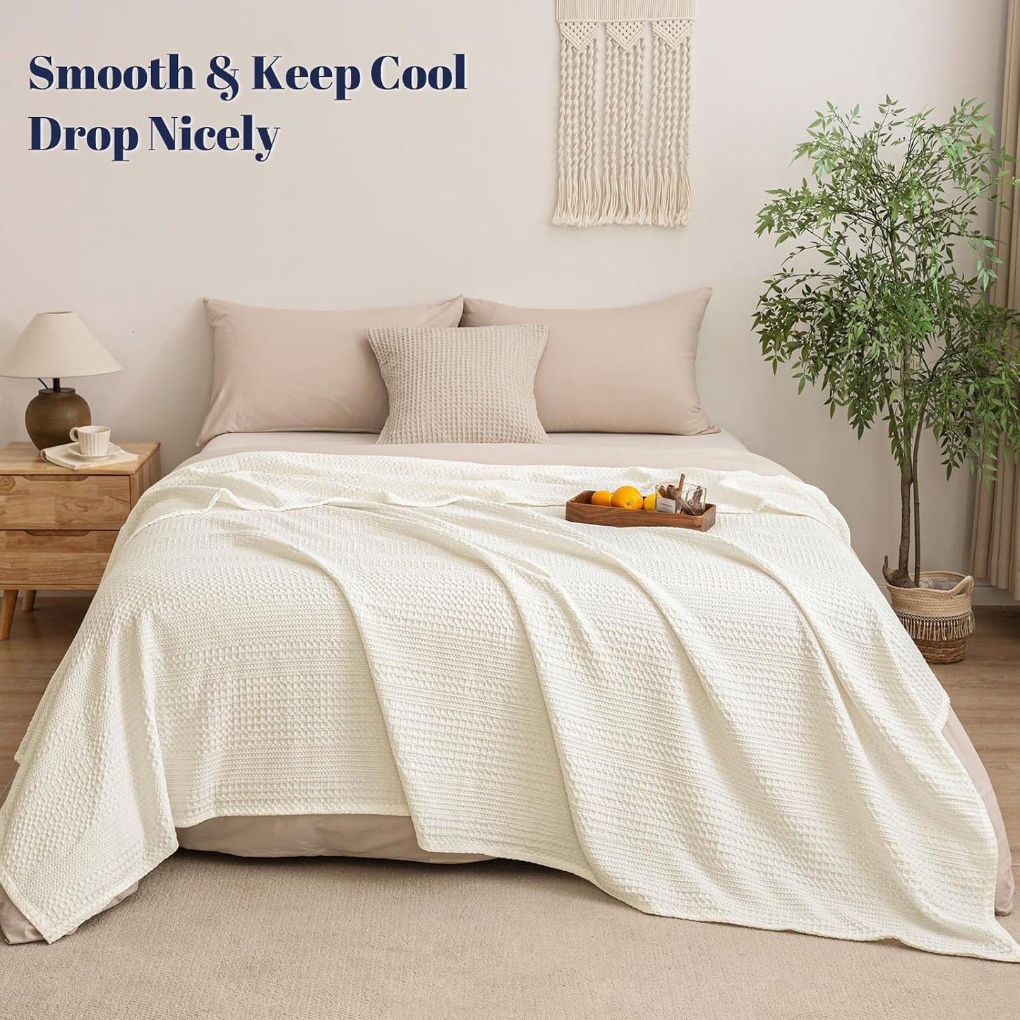 PHF Lightweight Waffle Weave Blanket Twin Size, Breathable & Ultra Soft, 66"x 90" Soft & Cozy Thin Blanket for All Season & Hot Sleepers, Bed, Home Decor - Coconut White