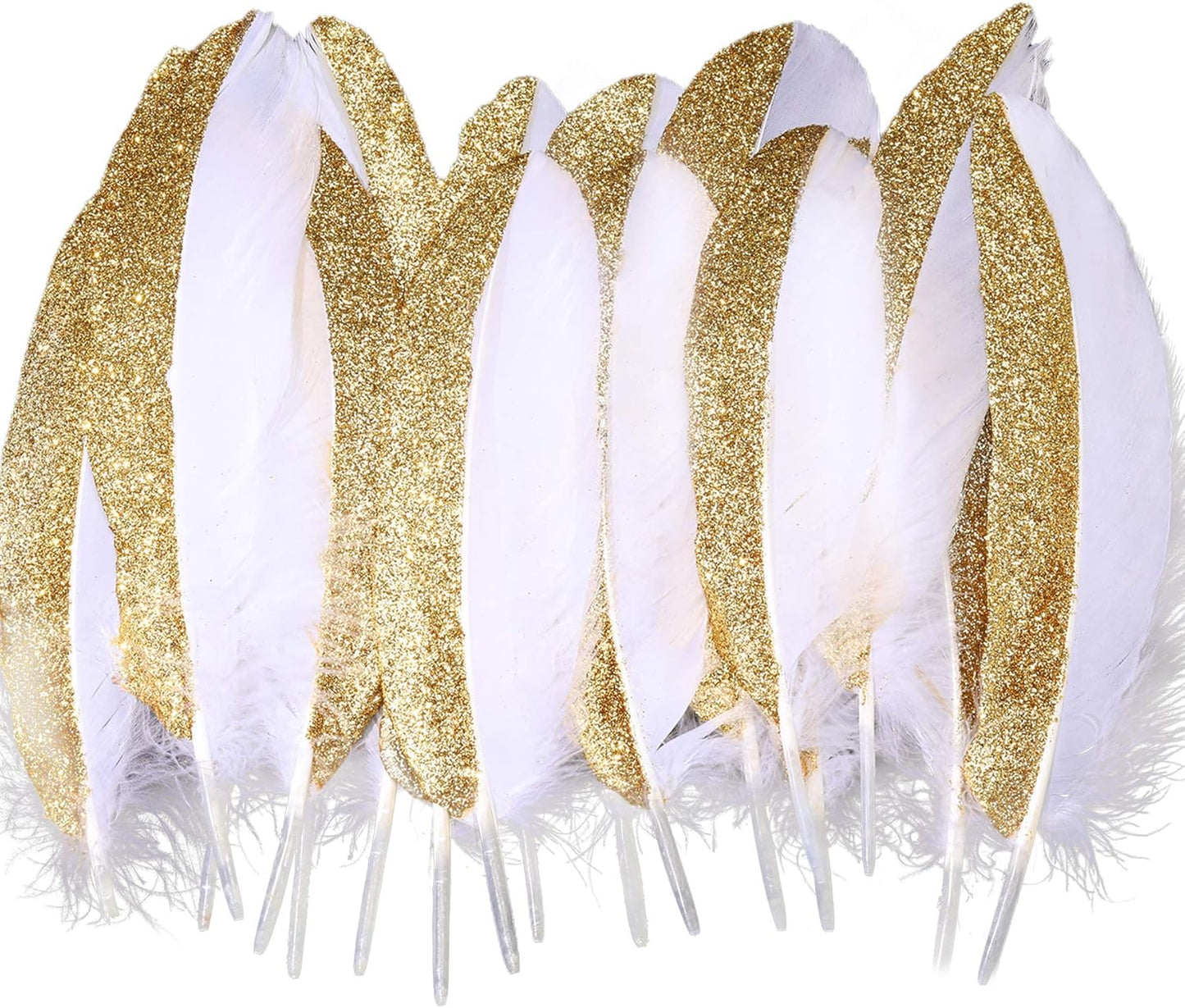 BABEYOND 42 Pcs 1920s Gatsby Gold Dipped Feather Natural Décor Glitter Feather for 20s Party Decoration Wedding Decoration (White & Gold)