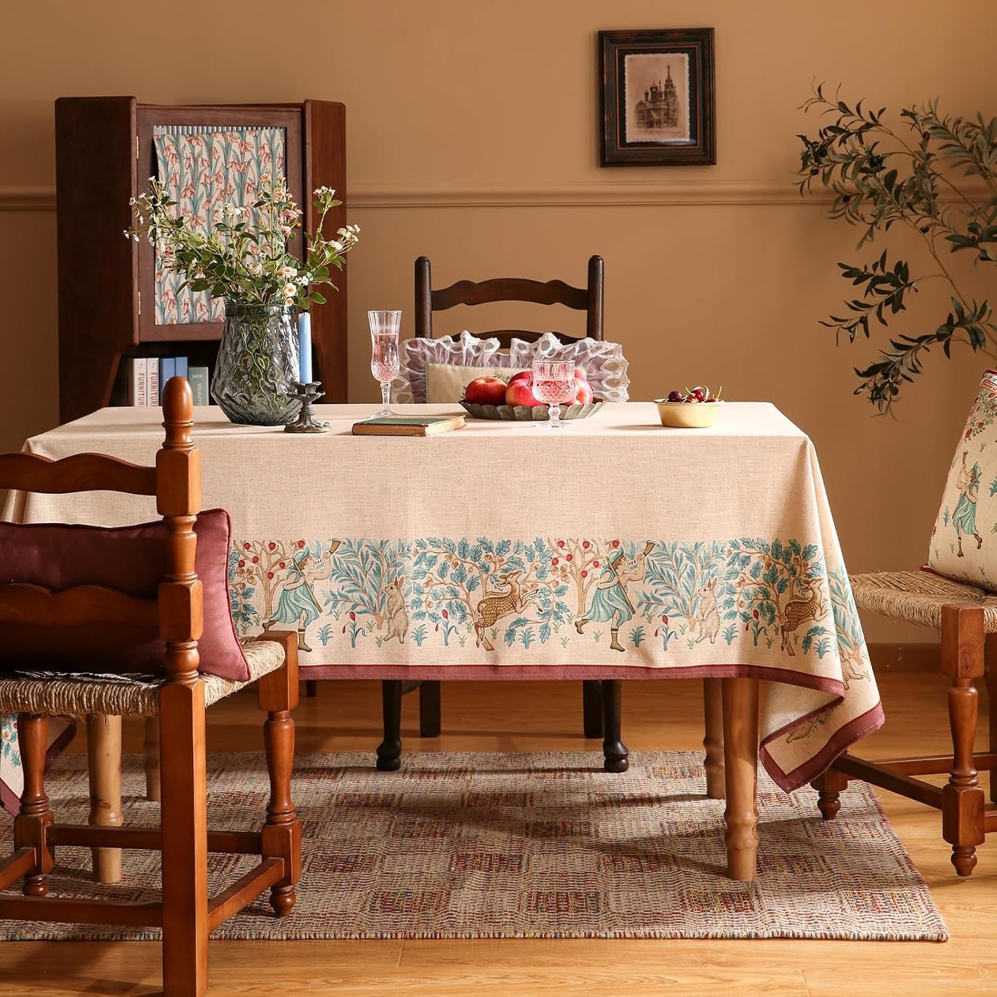 patdrea Designer Beige Rectangle Tablecloth,Vintage French Linen Trees Pattern Table Cloth,Decoration Table Cover for Kitchen Dining Christmas,Thanksgiving,Tea Party,55"x79"-Tatiana D