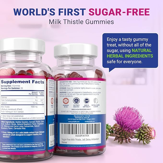 Sugar-Free Milk Thistle Gummies for Liver Cleanse Detox & Repair (Natural Blueberry-Raz Flavor) Cardo Mariano, Cleansing Milk Thistle Extract & Antioxidant Support, Vegan, Replaces Pills & Capsules