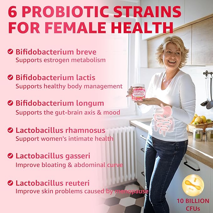 Sugar Free Menopause Supplement Gummies for Women, Menopause Probiotics (10 Billion CFU) Filled Gummy with Ashwagandha, Dong Quai & Black Cohosh for Hot Flashes, Night Sweats, Mood Swings, Gut Health