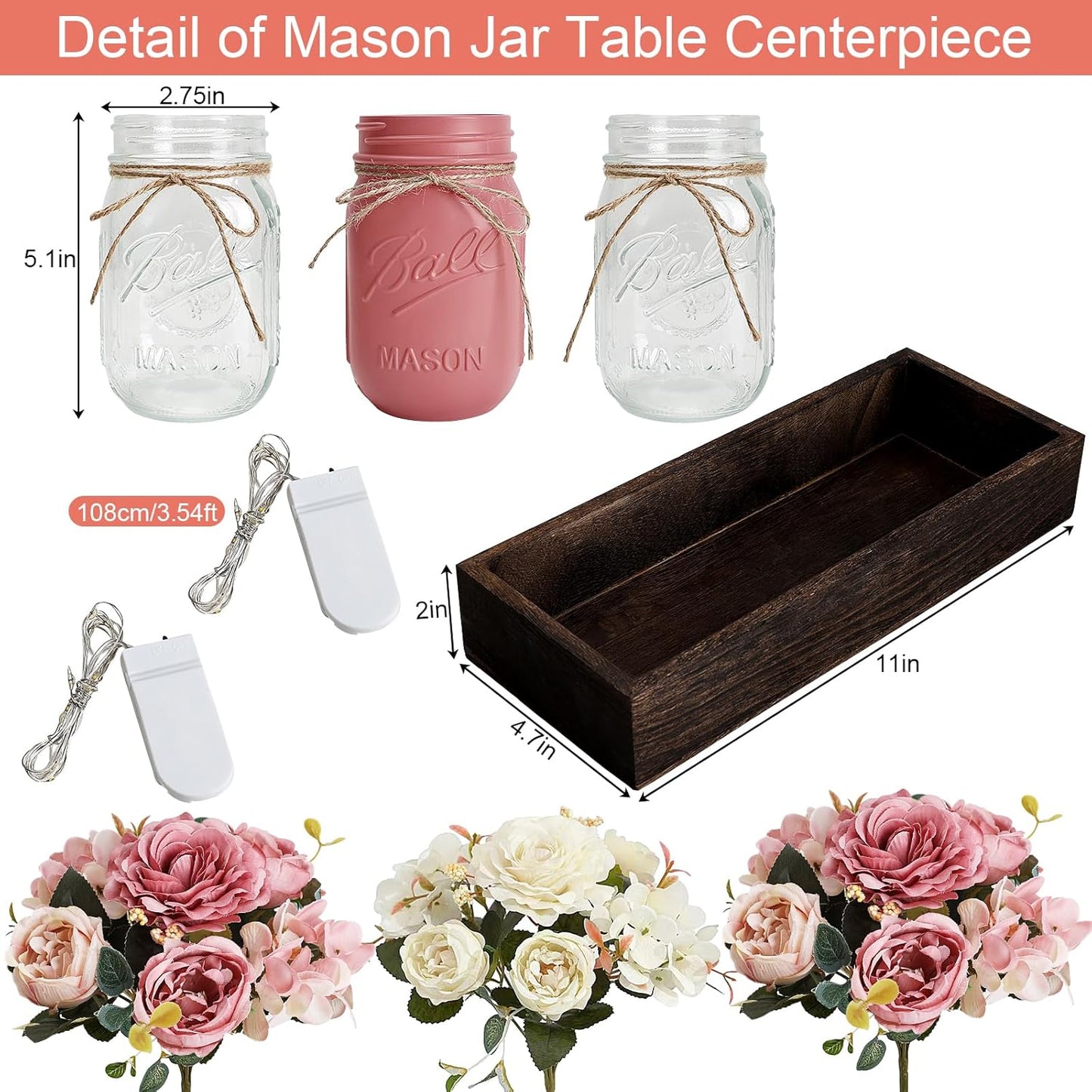 Mason Jar Lights Centerpiece for Table, Mason Jar Centerpiece Decor for Dining Room Farmhouse Coffee Table Decor with Wood Tray Fairy Lights Fake Peony Flowers for Kitchen Living - Pink White