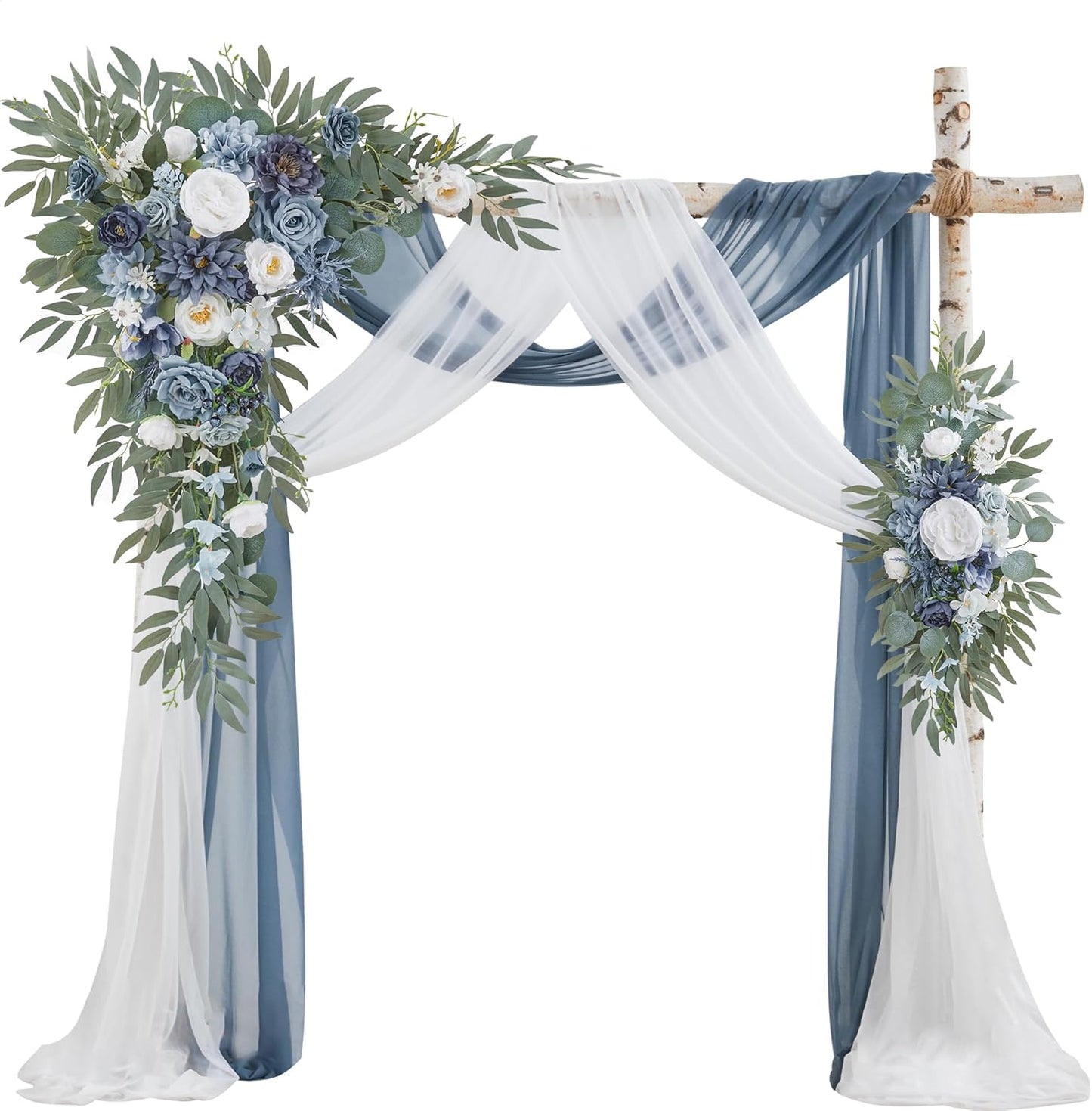 Wedding Arch Flowers with Drapes Kit (Pack of 4) - 2pcs Artificial Dusty Blue Deluxe Swag with 2pcs Sheer Drapes for Wedding Ceremony Arbor Reception Backdrop Rose Floral Decoration