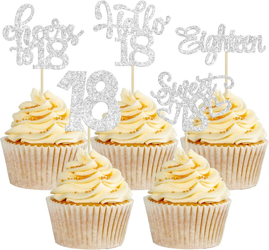 30Pcs18th Birthday Cupcake Toppers Eighteen Happy 18th Cupcake Picks Sweet 18 Cheers to 18 Cake Decorations for 18th Birthday Anniversary Party Supplies Silver Glitter