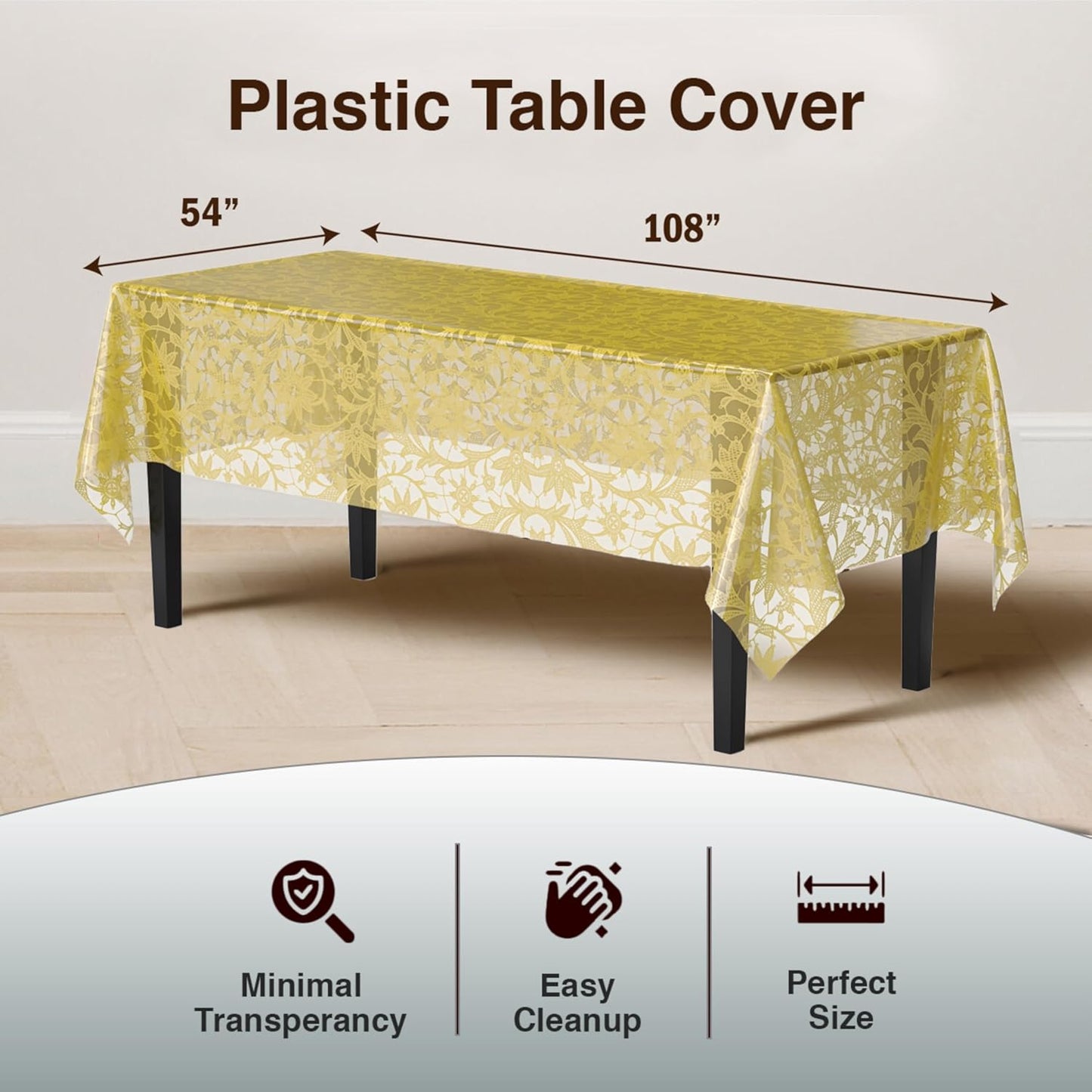 Exquisite Lace Table Cloth Rectangle Table Plastic 12-Pack Lace Tablecloth Rectangular 54" X 108" | Clear & Gold Floral Tablecloth Disposable | Wild Flower Party Decorations & Party Supplies
