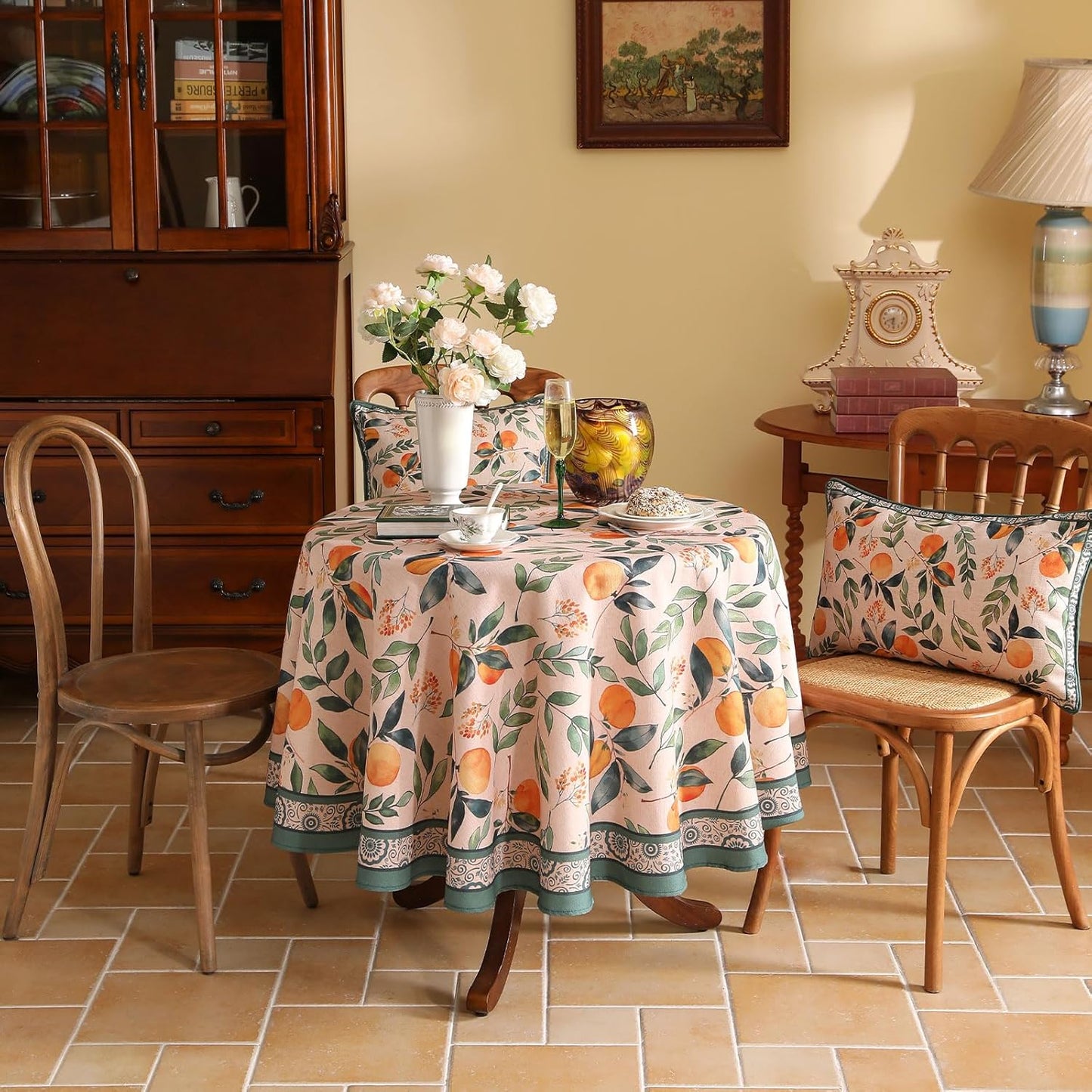 patdrea Designer Linen Round Table Cloth,Vintage Framhouse Oranges and Leaves Pattern Tablecloth,Decor Table Cover for Kitchen Dining Christmas,Thanksgiving,Tea Party,Diameter 67"-Palladin a