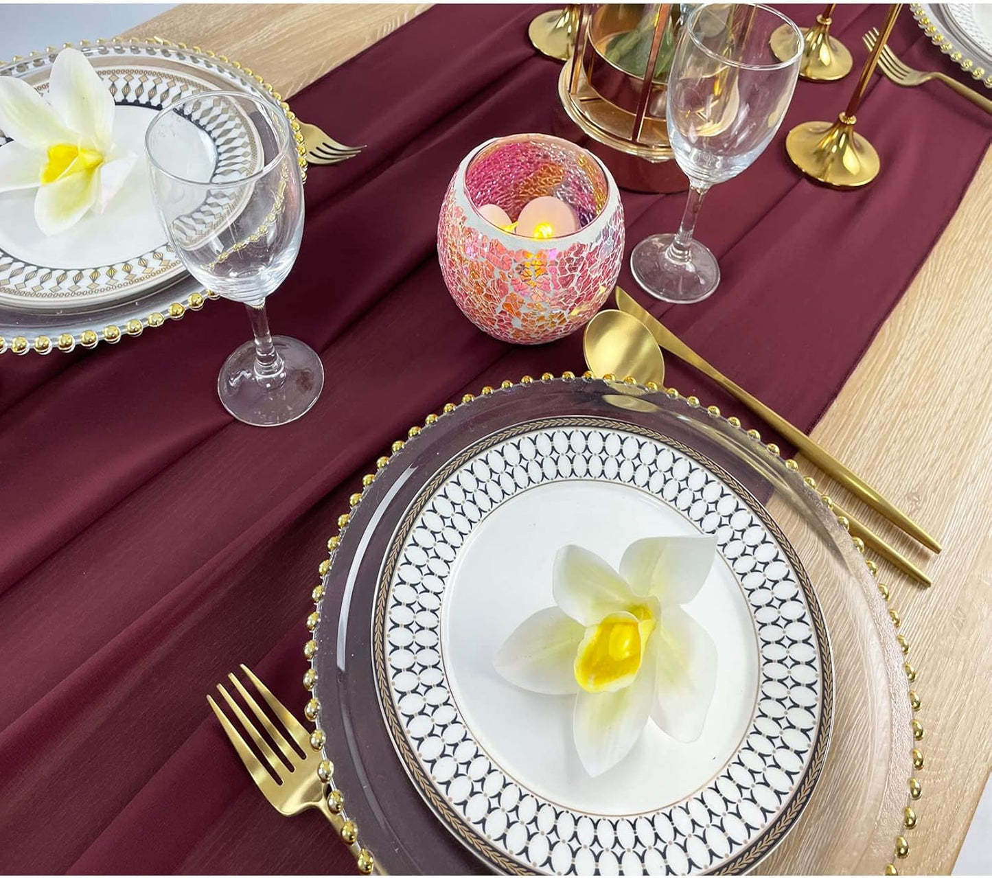 EHLDekol 10ft Chiffon Table Runners 29x120 inches Romantic Sheer Wedding Table Runner Top Table Bridal Party Decoration (Burgundy, 10ft)