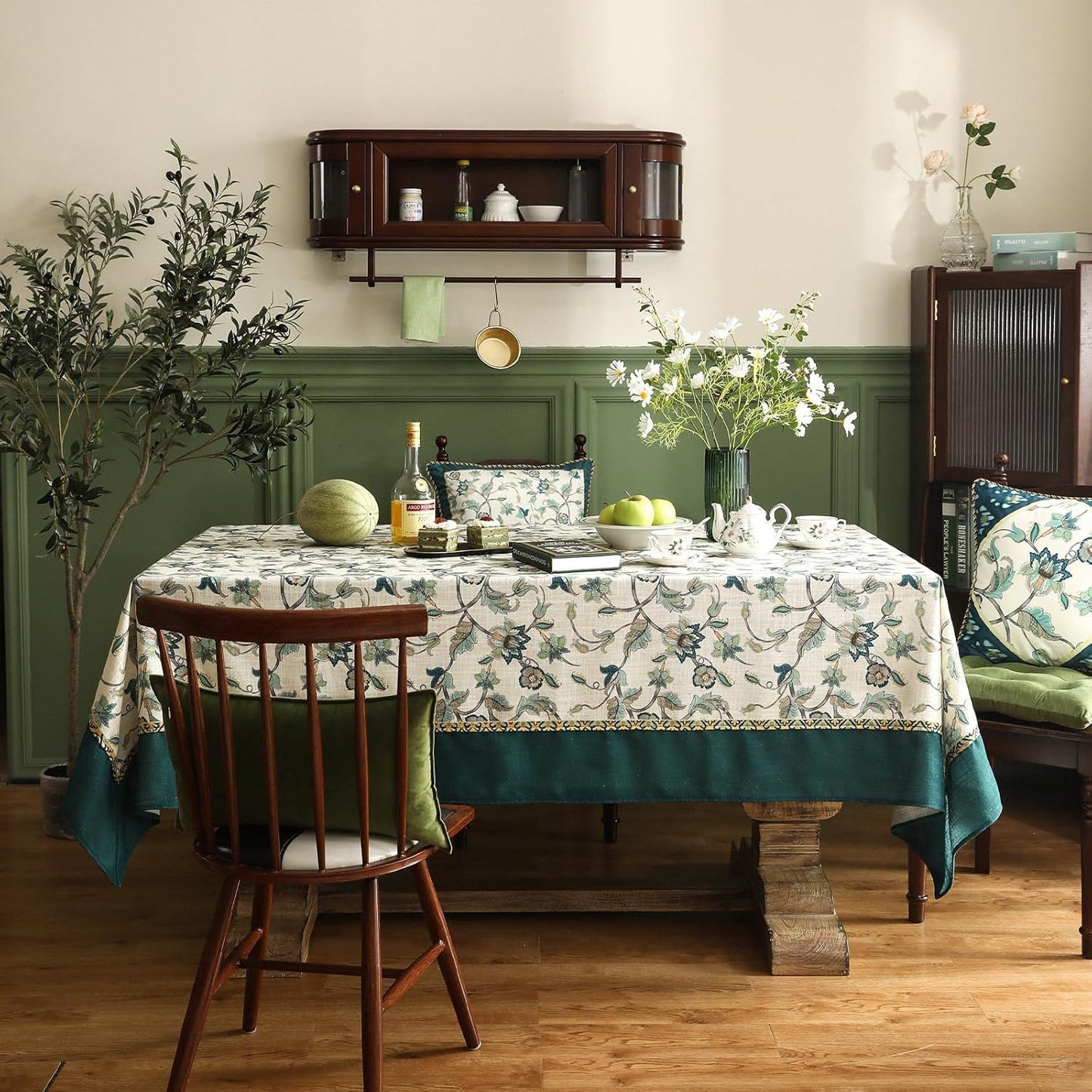 patdrea Designer Green Small Linen Table Cloth for Rectangle Table,Vintage Floral Pattern Durable Tablecloth,French Cover Decor for Kitchen Dining,Christmas,Thanksgiving,Tea Party,55"x71"-Noah