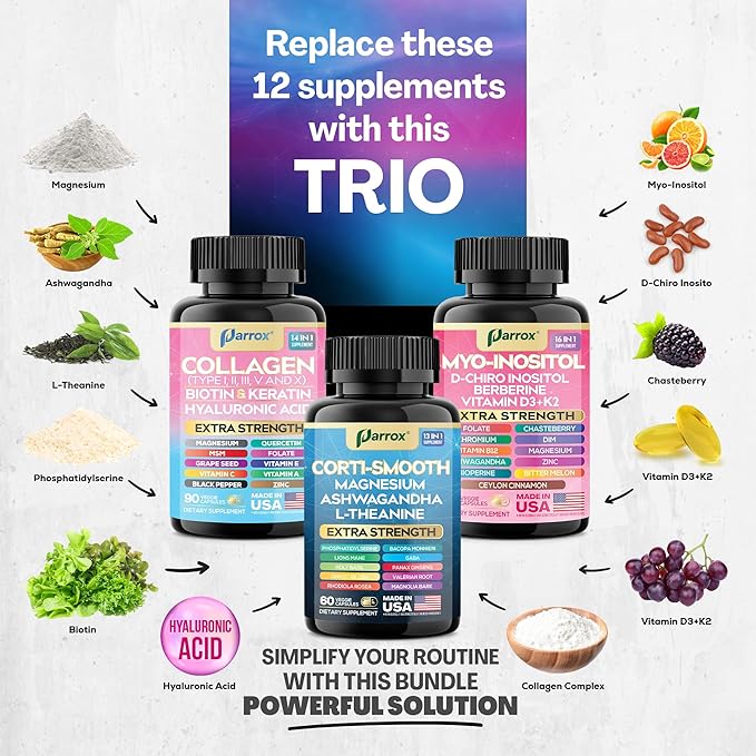 She Shines Set, Collagen Peptides Types I, II, III, V, X, Biotin, Keratin, Myo Inositol, D-Chiro Inositol, DIM, Vitex, Berberine, Cortisol Support, Magnesium, Ashwagandha, L-Theanine Lions Mane