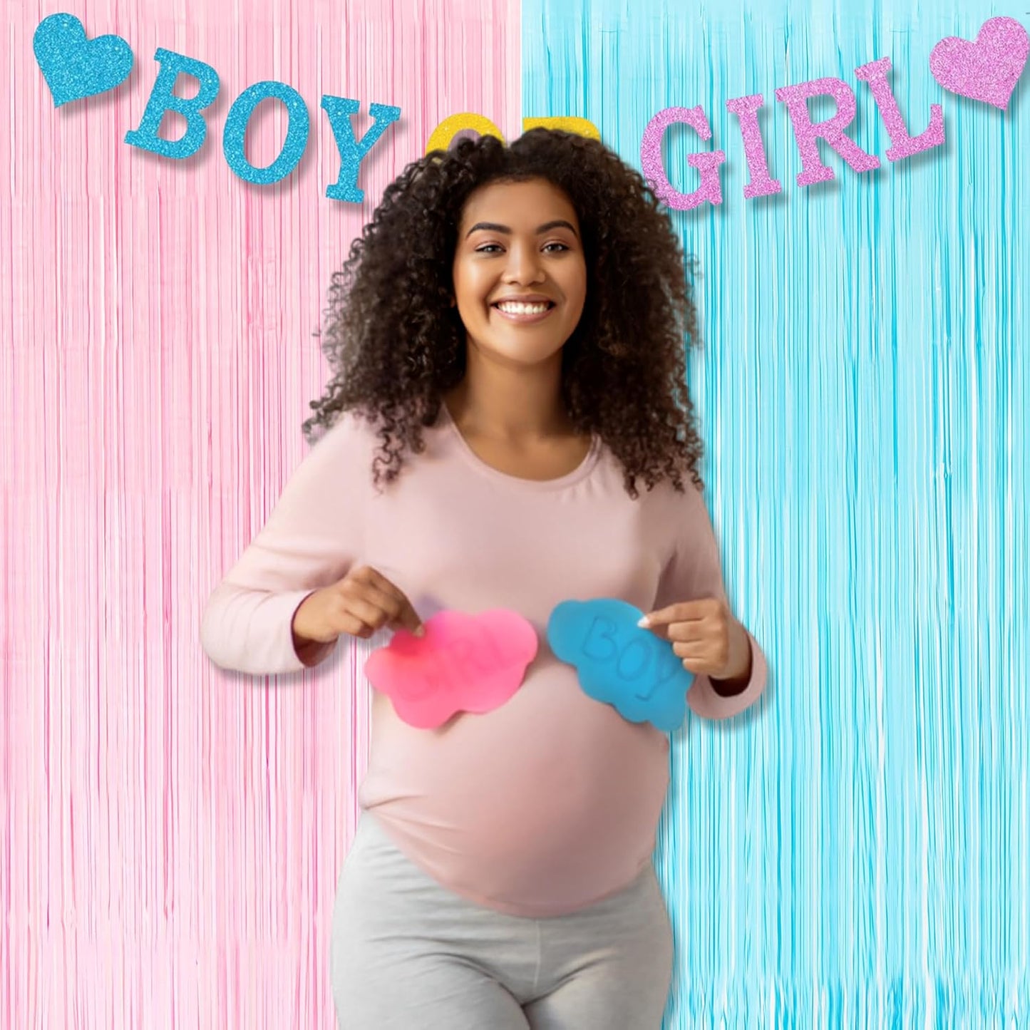 BRAVESHINE Tinsel Photo Backdrop Curtains - 2 Pack 3.2x8.2ft Pastel Pink Blue Foil Fringe Streamer Curtain for Boy or Girl Birthdays Sweet Donuts Easter Party Decorations