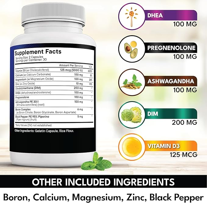 NEW AGE DHEA Supplement - Pregnenolone for Men & Women with DIM, Ashwagandha, Boron, Calcium, Magnesium, Zinc, Vitamin D3 5000iu - Support Capsules - 60 Count