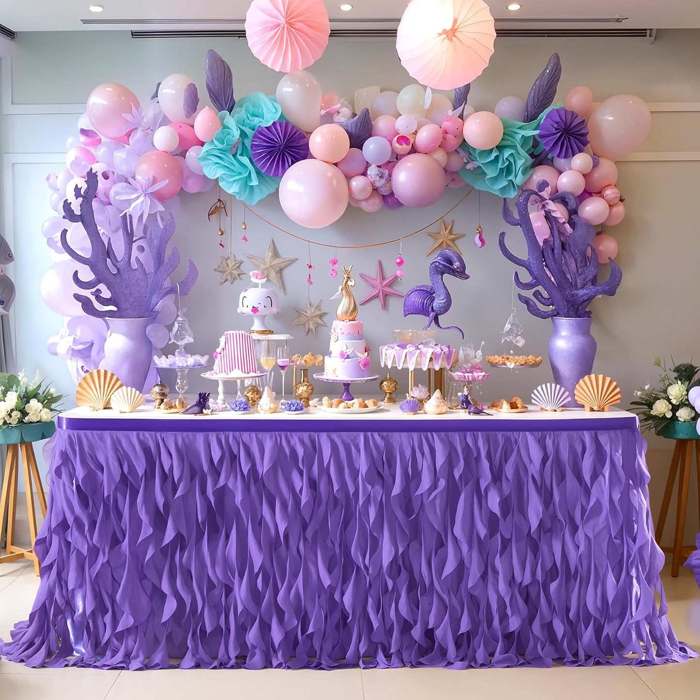 Partisky Mermaid Purple Tulle Curly Willow Table Skirt for Rectangle Table 14ft, Ruffle Tutu Table Cloth for Girls Boys Baby Shower,Mermaid Birthday Party