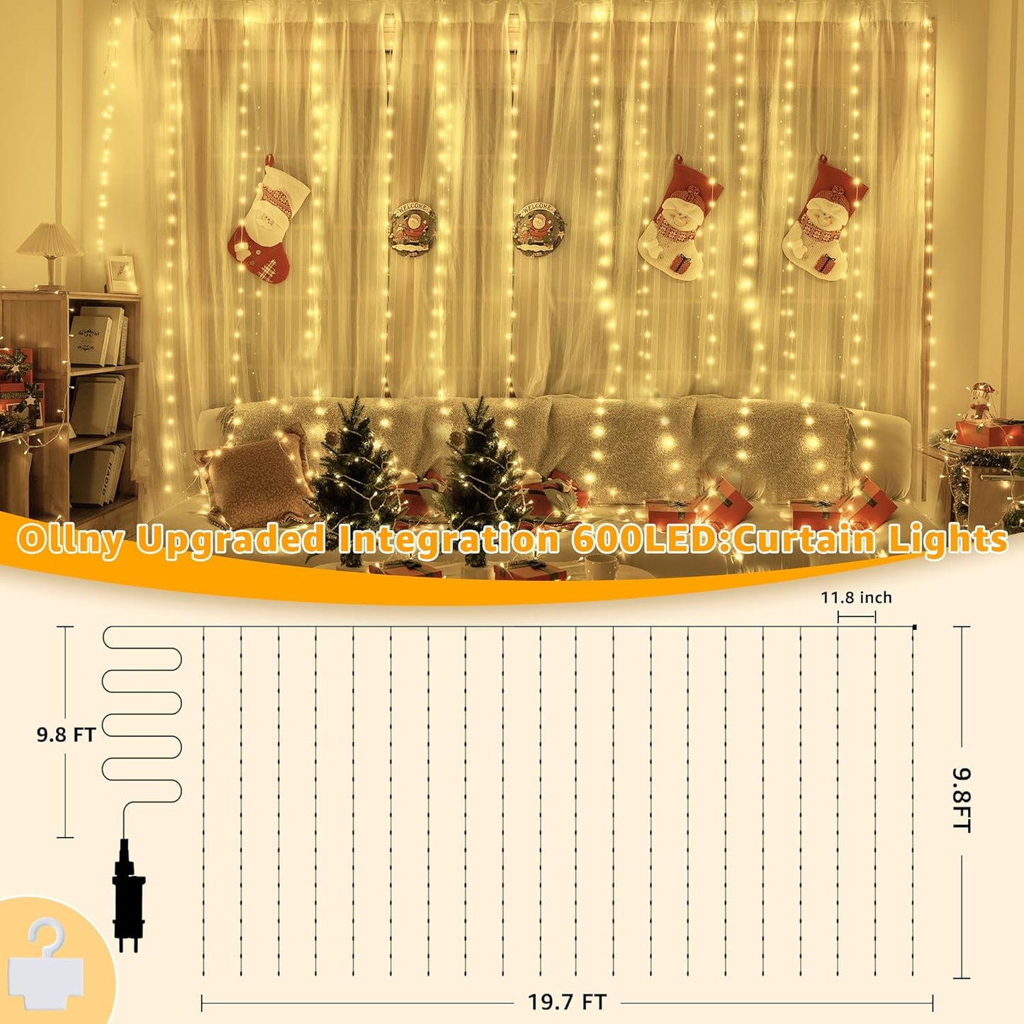 Ollny Curtain Lights 600LED 19.7ft x 9.8ft, IP67 Waterproof Outdoor Curtain Rice Lights with Remote, Plug-in Untangle Rice Curtain Light with 8 Modes 3 Timers for Wall Backdrop Decor(Warm White)