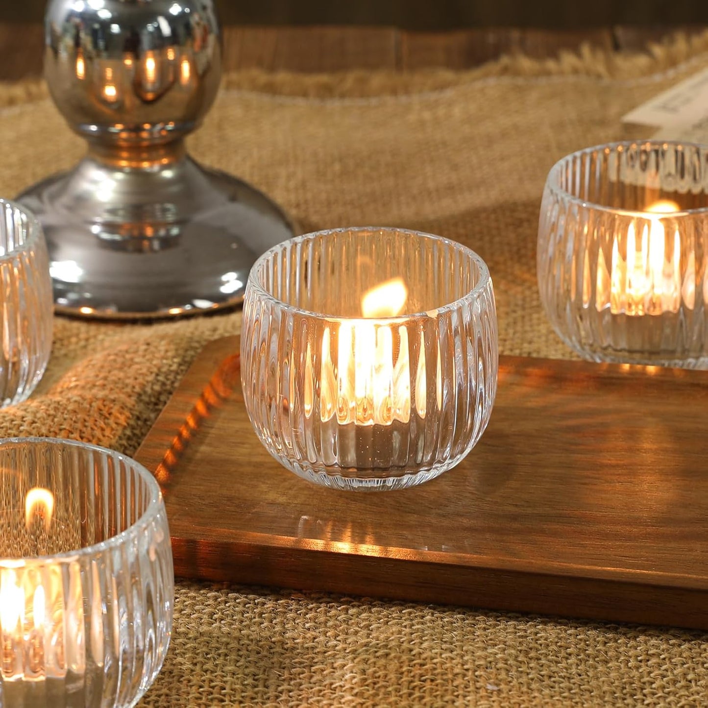 Set of 6 Ribbed Glass Votive Candle Holders, Clear Glass Tealight Holders for Taper Candles - Elegant Table Centerpieces for Weddings, Christmas, Parties, and Home Decor