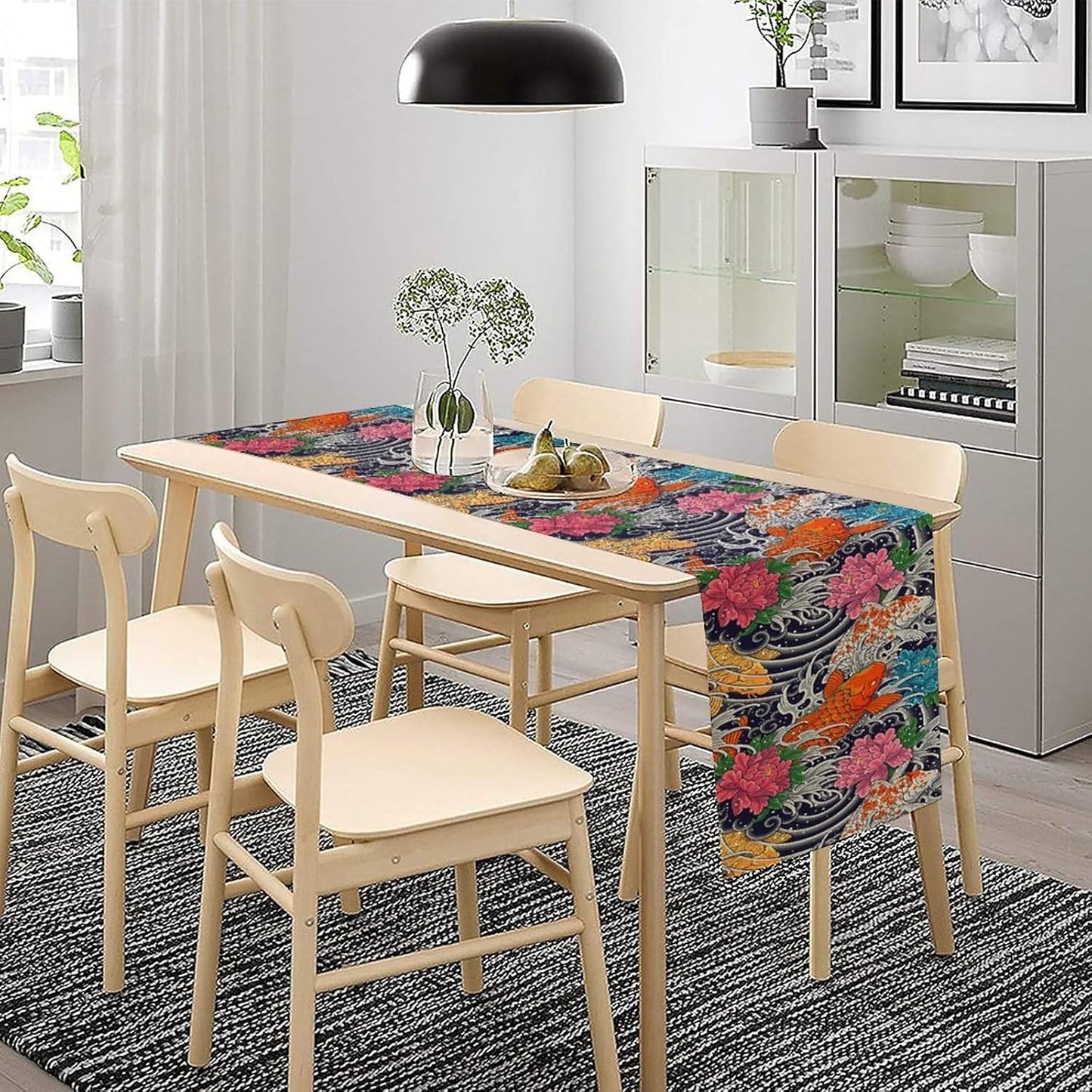 Japanese Retro Flowers Table Runner Oriental Tradition Kio Fish Art Printed Burlap Runner Home Kitchen Dining Table Living Room Decor Fabric 1 Panel W13xL60in