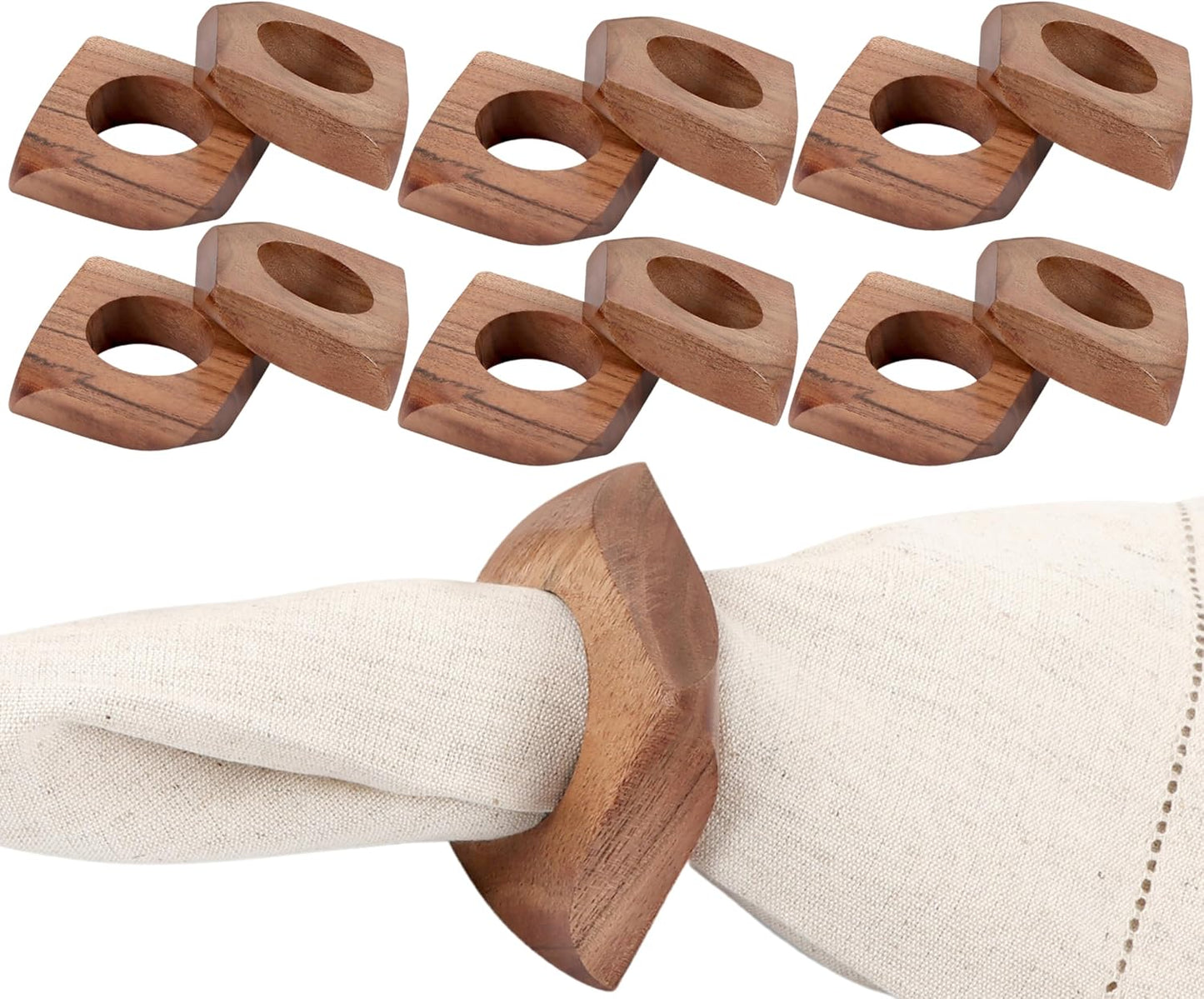 Wooden Napkin Rings Set of 12 Fall Decor for Home Square Acacia Wood Napkin Holders for Dining Table Settings Wood Napkin Ring Rustic Table Décor for Weddings, Parties, and Everyday Use - CLEENTABLE