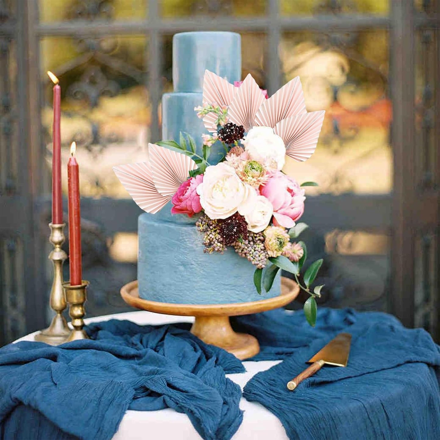 Ephlyn 6Pcs Paper Palm Fan Cake Topper Palm Spear Leaves Fan Cake Pick DIY Insert Cake Decorations for Baby Shower Wedding Bridal Shower Birthday Anniversary Party Supplies Pink