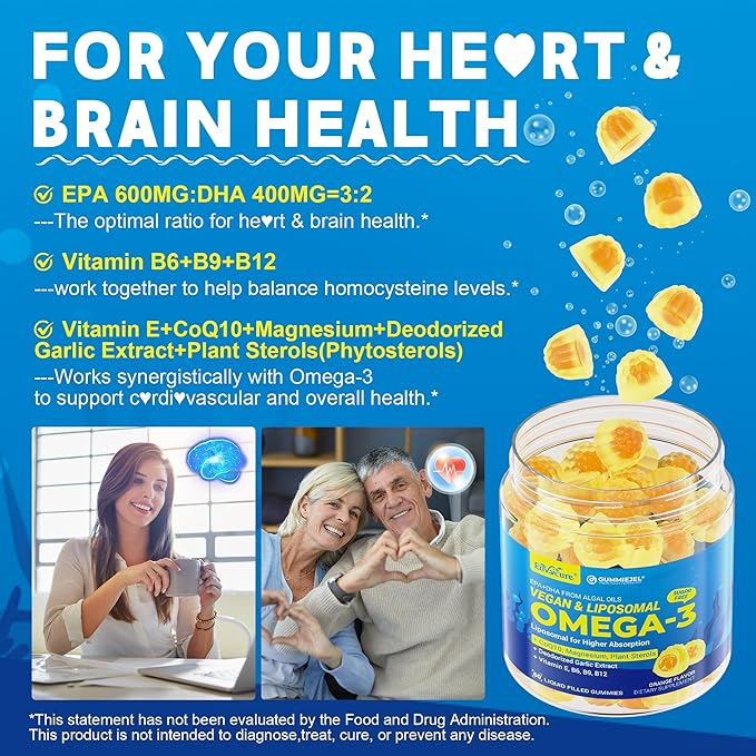 Vegan Omega-3 Gummies 1000mg +CoQ10+Magnesium- EPA 600mg & DHA 400mg, Fish Oil Omega 3 Supplements Alternative for Women Men Adults- Liposomal Form -Algae- Plant Sterols, Garlic,B6,B9, B12, Sugar Free