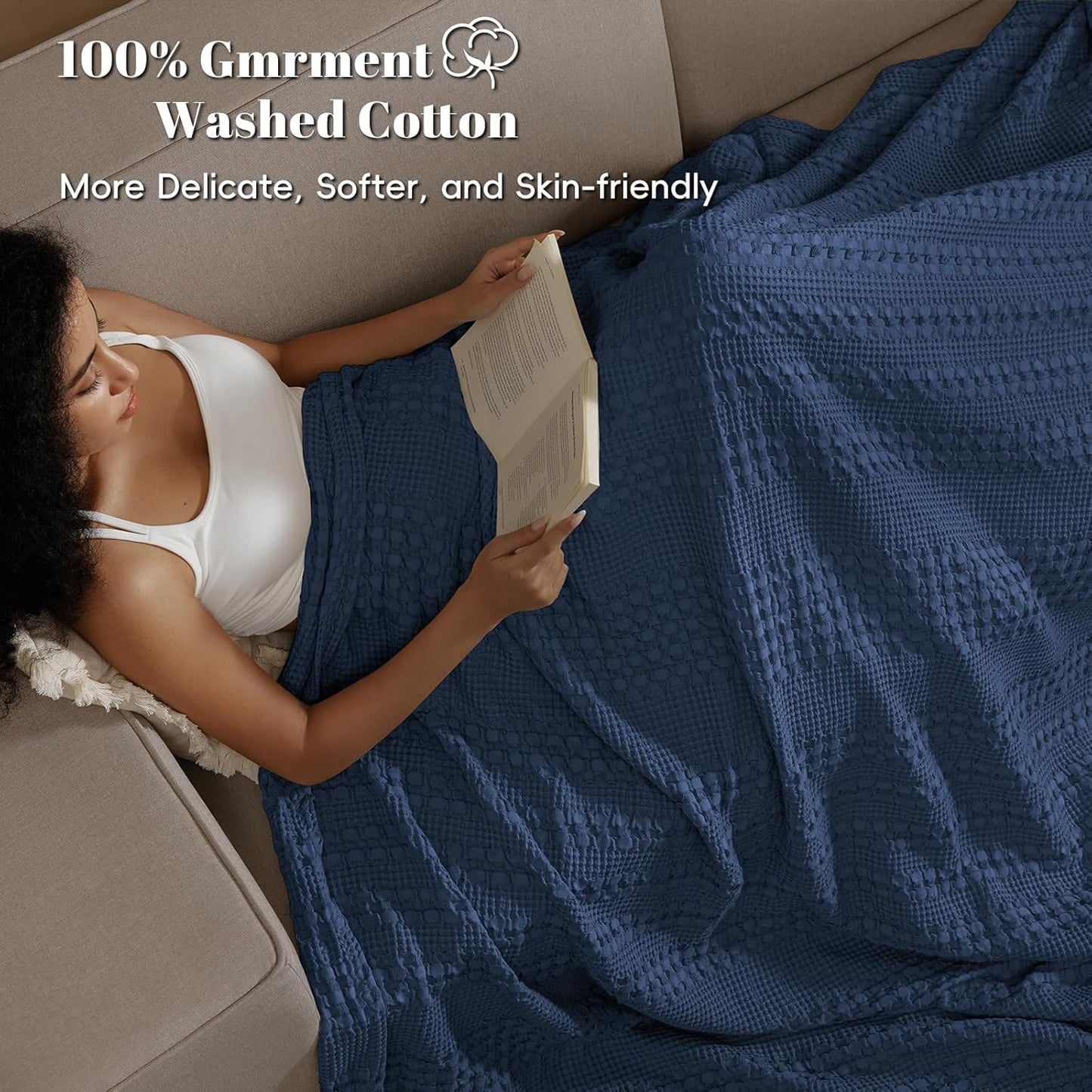 PHF 100% Cotton Waffle Weave Blanket Twin Size for Bed, Soft Lightweight & Breathable, All-Season Comfort, Luxury Aesthetic Woven Bedding for Home Decor, 66"x90", Bright Navy Blue