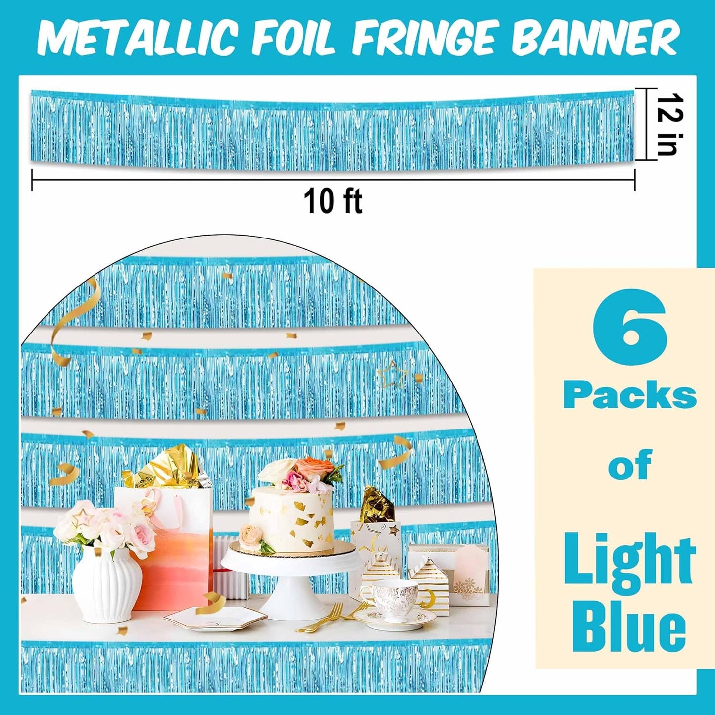 6 Pack 10 Ft Light Blue Foil Fringe Garland Metallic Streamers Tinsel Banner Wall Hanging Garland Backdrop for Parade Floats, Halloween, Christmas, Thanksgiving, New Year Party Decorations